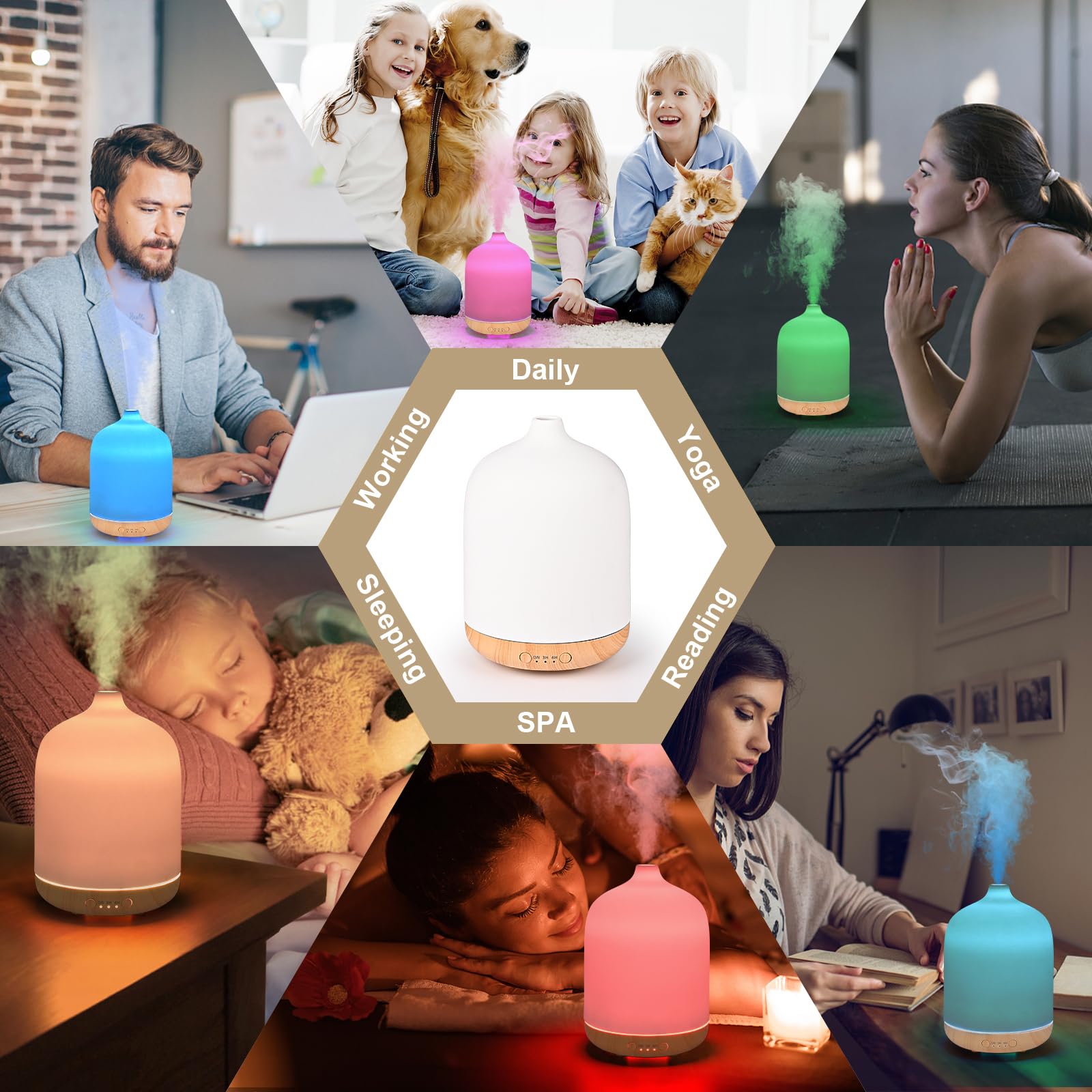 Dreamhigh® Diffusore di Oli Essenziali 250ML, Ceramica Ultrasuoni Diffusore Profumo Ambiente, 7 Diverse Luci Mutevoli/Spegnimento Automatico, Umidificatore Ambiente -per Spa,Yoga,Camera da Letto