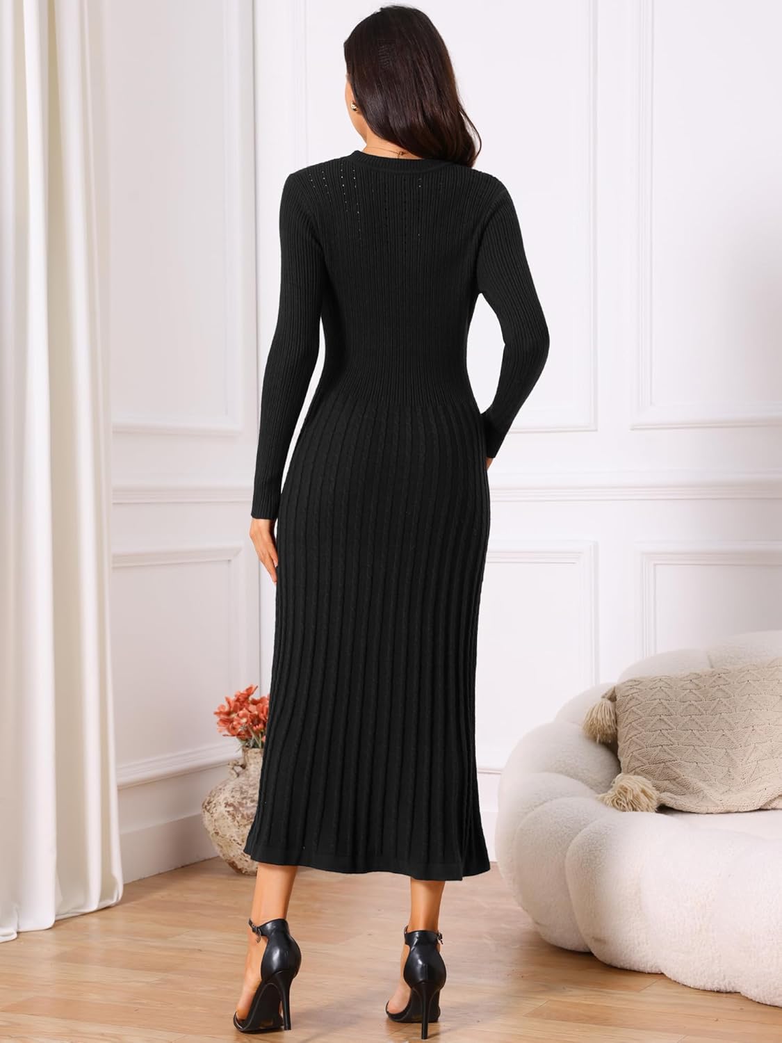 Seta T Women's Crewneck Sweater Dress Knit Long Sleeve Midi Ribbed A-Line Dress - Image 6