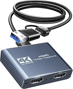 Capture Card, HDMI to USB 3.0/Type-C 4K@60Hz Video Streaming and 1080p 60FPS Recording, with Mic Audio Input &amp; HDMI Loop-Out, Low-Latency Capture Device for Live Streaming, Teaching, Gaming