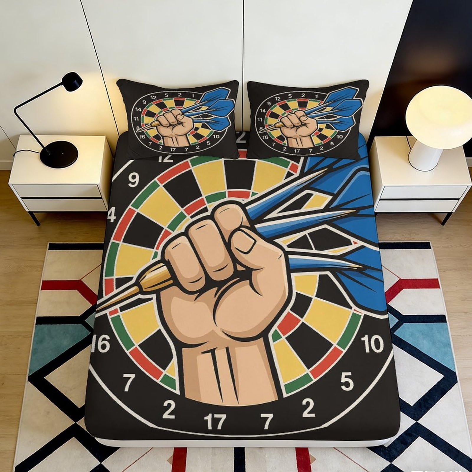 3D Printed Dartboard Fitted Sheet Microfiber Soft Breathable Hand Holding Darts Bed Cover for Bedroom Dormitory Guest Room Mattress Protection Decor 90x200x25cm