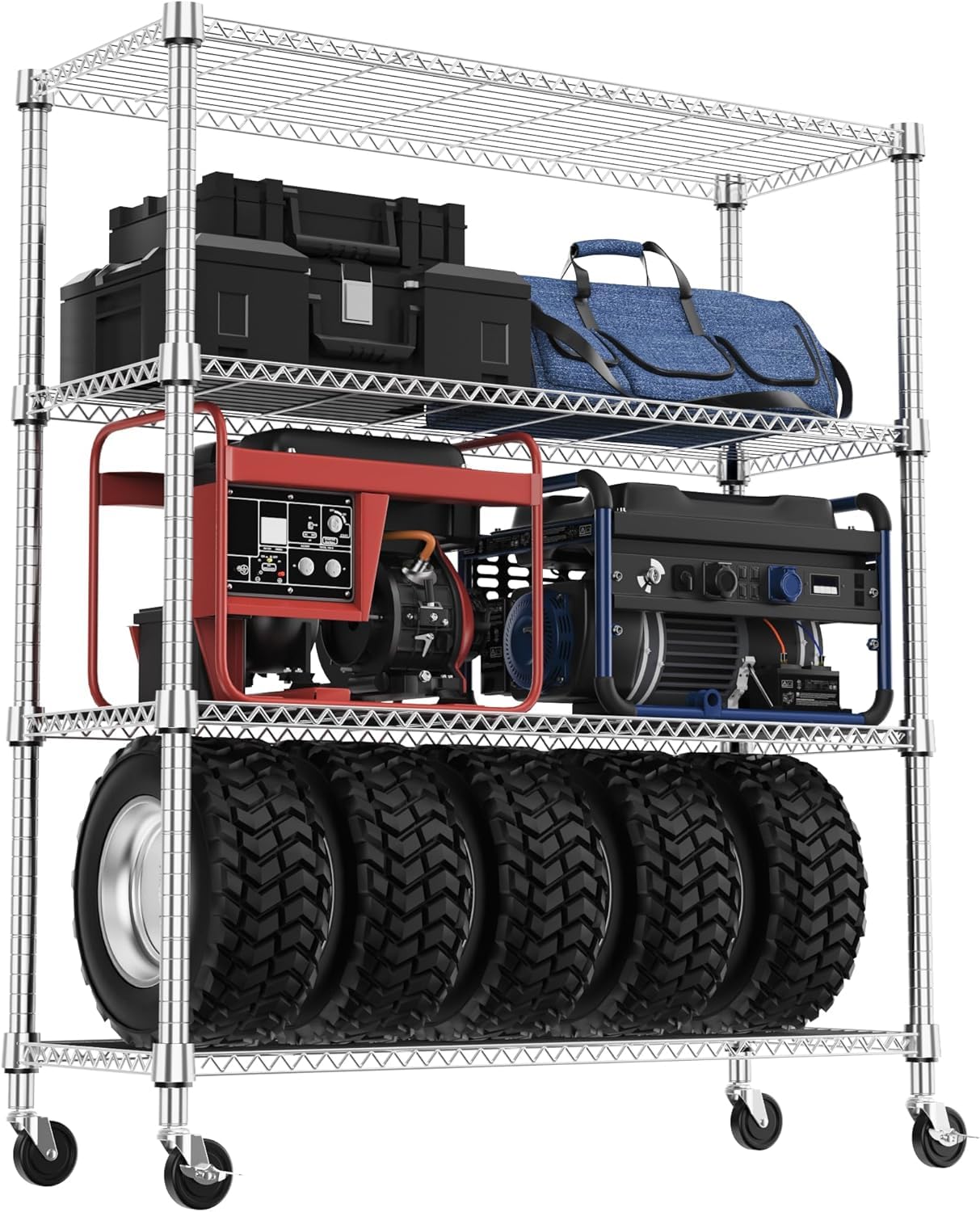 M MZG Storage Shelves 4 Tier Heavy Duty Metal Storage Unit With Height Adjustable Shelves and Wheel 635.6 kg Load Weight Organizer for Garage, Laundry, Kitchen 45 x 120 x 159.1 cm Chrome
