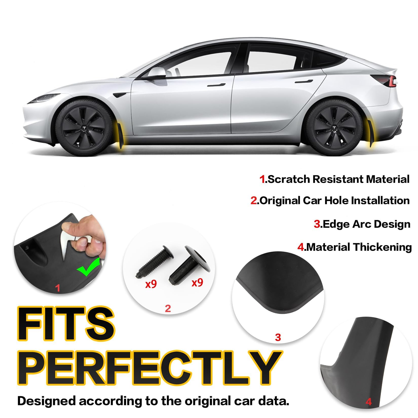 PSLER pour Tesla Model 3 2016-2023 Bavettes Anti-éclaboussures Ailes Aucun Perçage Nécessaire Voiture pour Tesla Model 3 Accessoires(4 pièces)