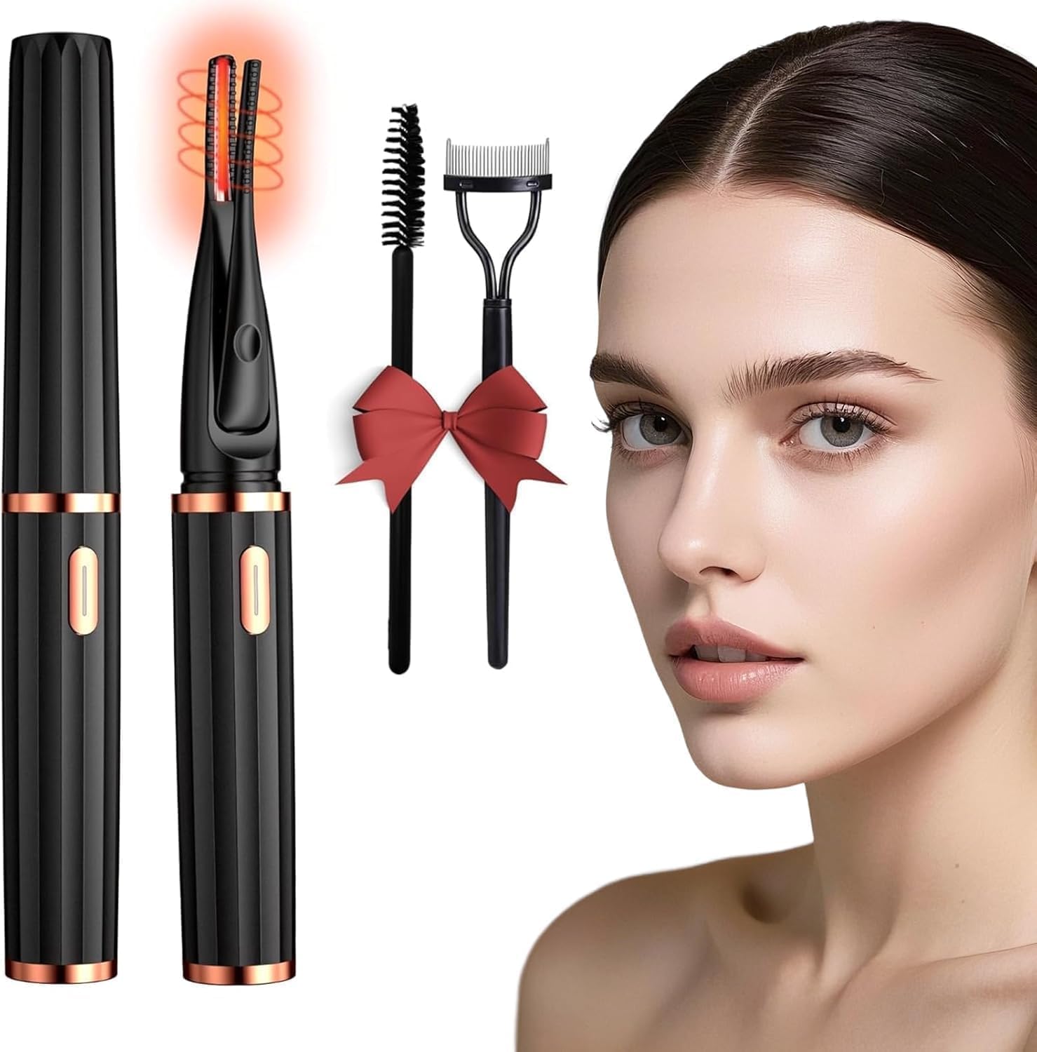 MGKO Beheizte Wimpernzange, 3 Temperatureinstellungen, 2-in-1 Elektrische Wimpernzange mit Verbrühungsschutzkamm, USB wiederaufladbares tragbares Make-up-Tool für natürliche Wimpern, Schwarz