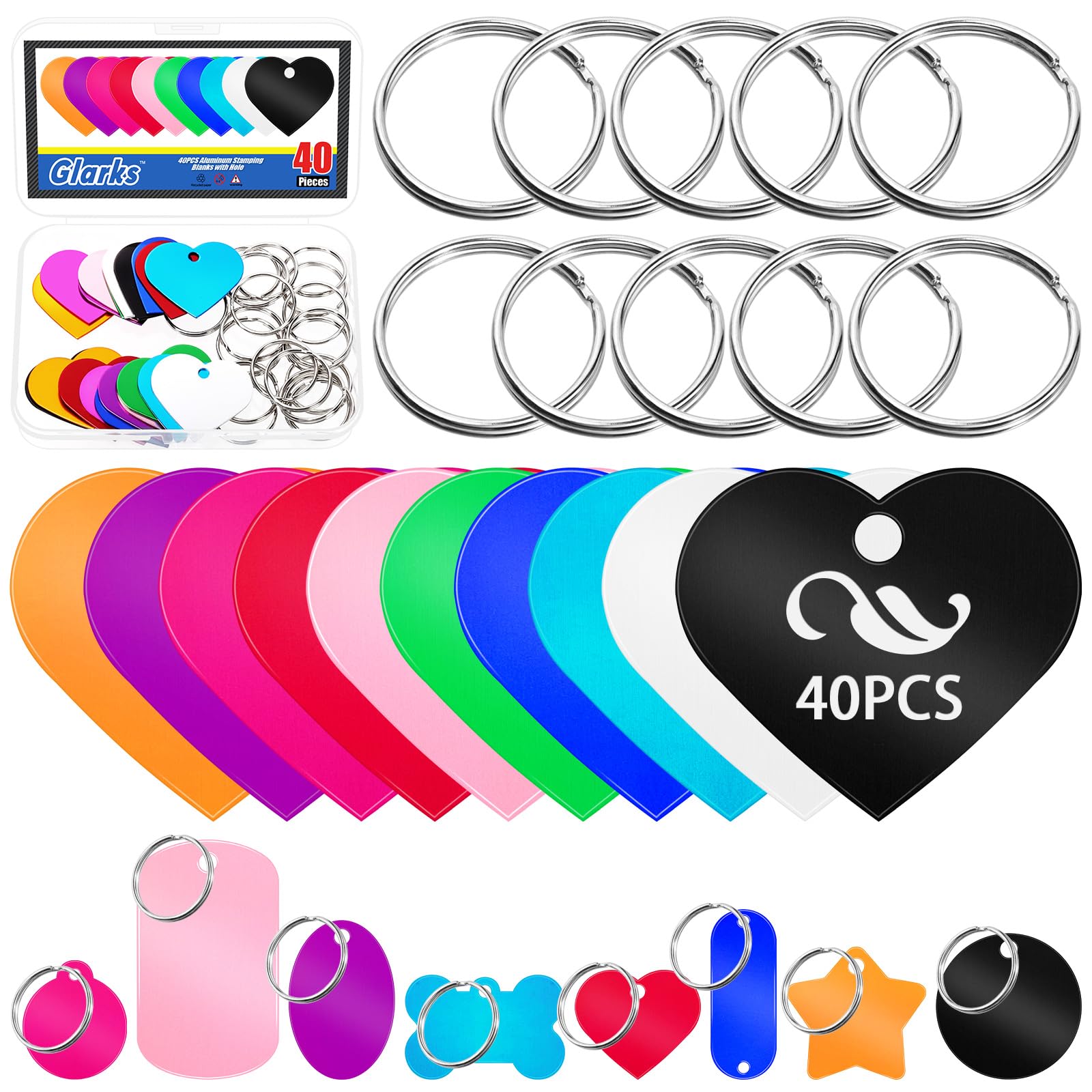 Glarks 40Pcs 38 x 33 x 3.9 x 1 mm Aluminum Heart Shape Laser Engraving Tags Kit, Includes 20pcs 10 Colors Heart Shape Stamping Blank Tag, 20pcs 25mm Silver Key Rings, Round Blank Tag