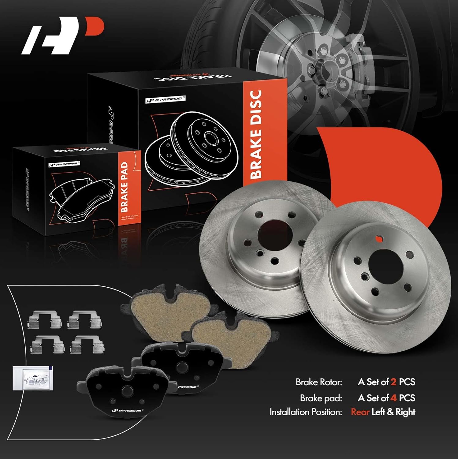 A-Premium 12.99 inch (330mm) Rear Vented Disc Brake Rotors + Ceramic Pads Kit Compatible with Select BMW Models - 528i, 528i xDrive, 535d, 535d xDrive, 535i, 535i xDrive, ActiveHybrid 5, 6-PC Set