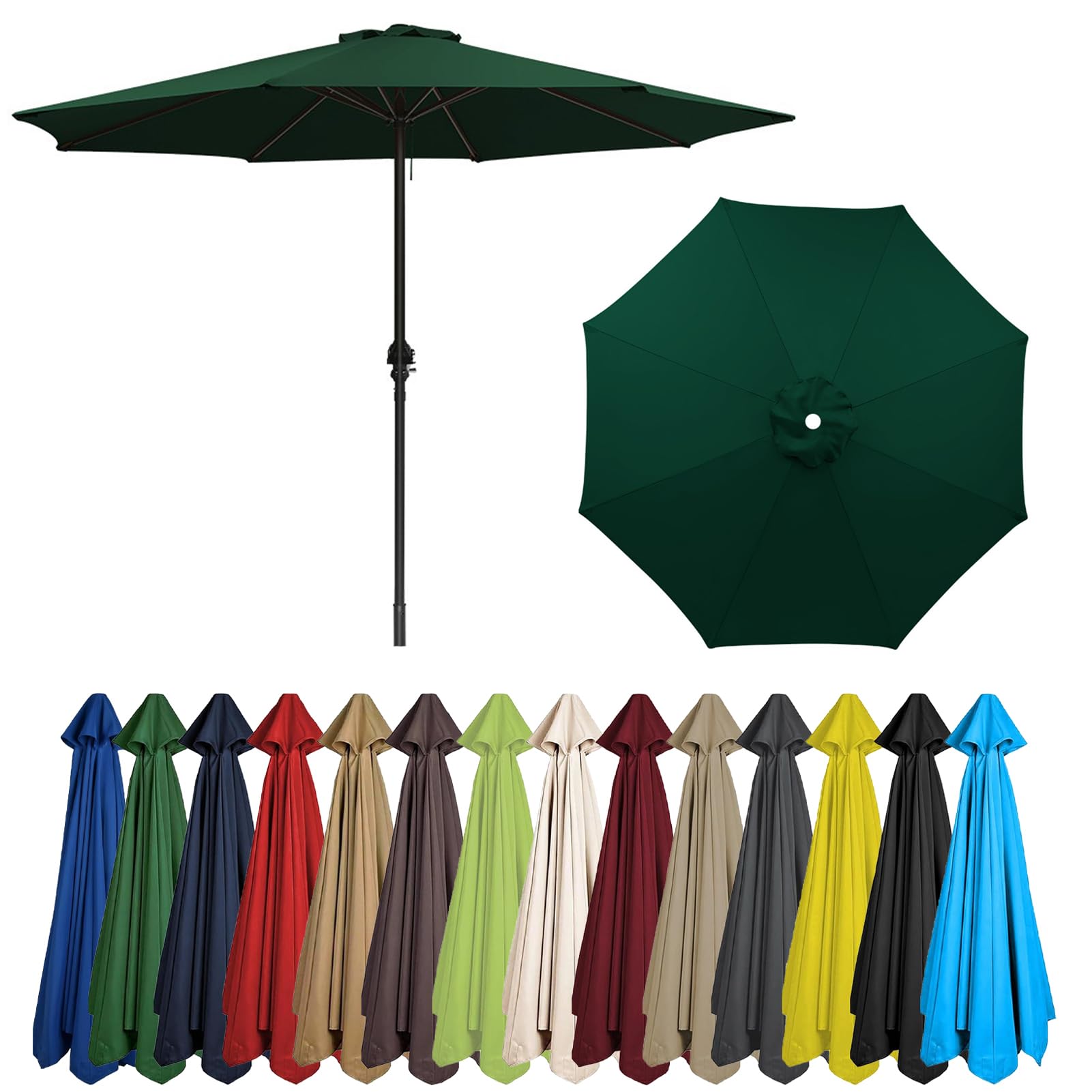 HonunGron 6 Arms/8 Arms Replacement Parasol Fabric Cover For Garden Umbrella, 2m/2.7m/3m Replacement Canopy Top, Replacement Patio Offset Roma Parasol Canopy, Anti-UV (6 ribs-3m(9.8ft),Dark Green)