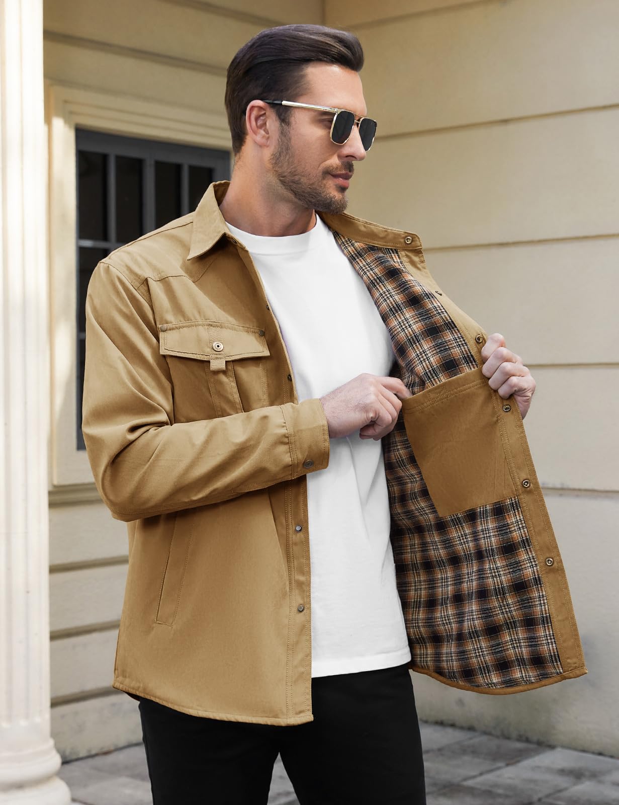 Svanco Chemise Homme De Mi-saison Avec Doublure À Carreaux, Col Montant, Veste Cargo Pour Le Printemps Et L'automne