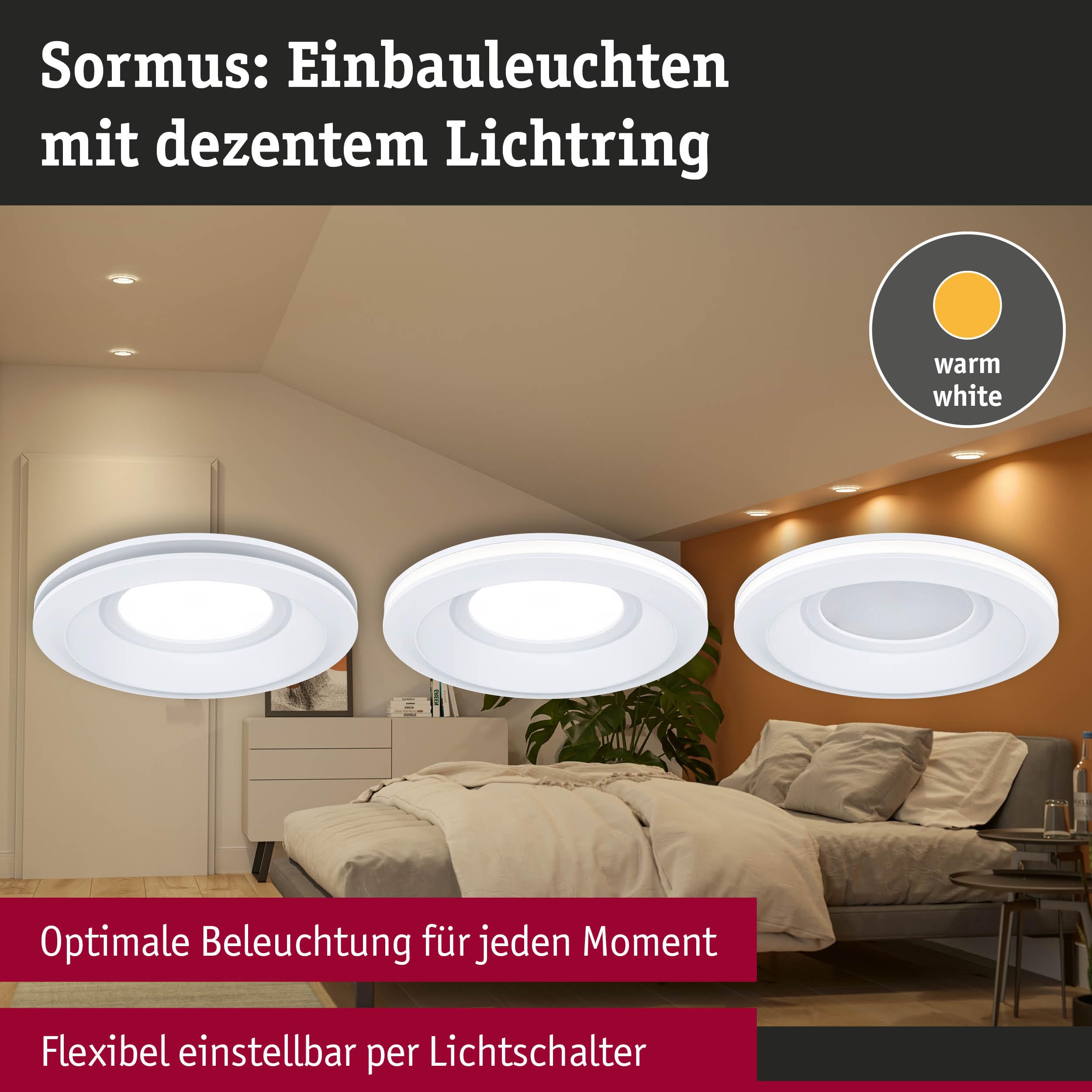 Paulmann 92248 LED Einbauleuchte Sormus IP65 rund 100mm 3x4,8/1,5W 560lm / 180lm 230V 3000K Weiß