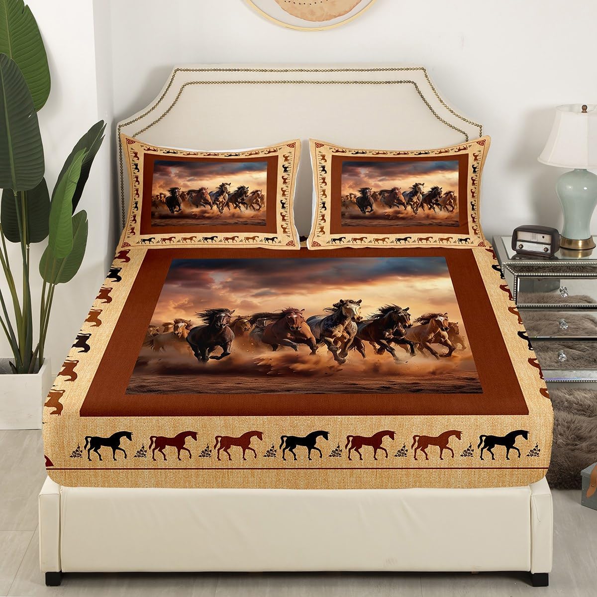 Feelyou Horse Sheet Set Queen Size Galloping Horse Sheets with Deep Pocket Fitted Sheet for Boys Kids Teens Western Decor Cute Animal Bed Sheets Set Kawaii Farm Cowboy Brown Bedding Set Room Decor