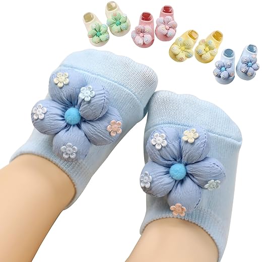 KEAINVRN 4Packs Baby Girls Socks,Flower Non-Slip Grips for Babies Toddler Princess Low Cut Ankle Socks for Girls