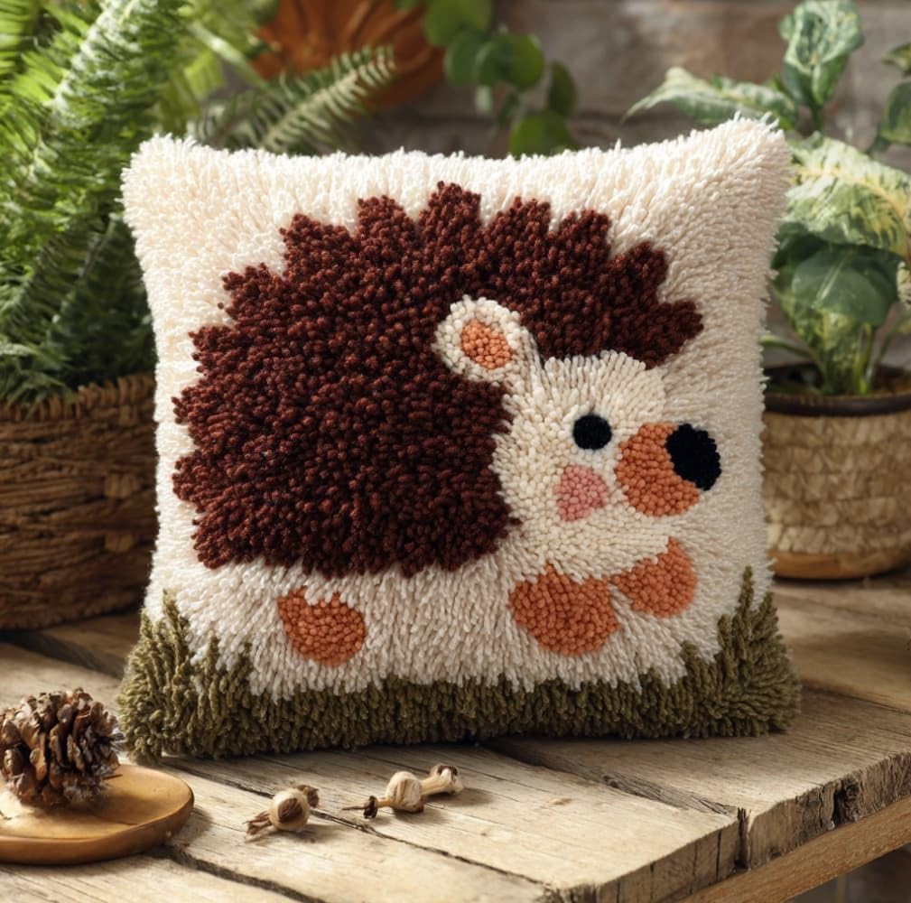 AxiangziK Latch Hook Kit for Adults 43x43cm,Cute Hedgehog DIY Pillow & Rug Craft Kit for Beginners,Handmade Yarn Art,Relaxing Home Sofa Decor Gift,17x17in