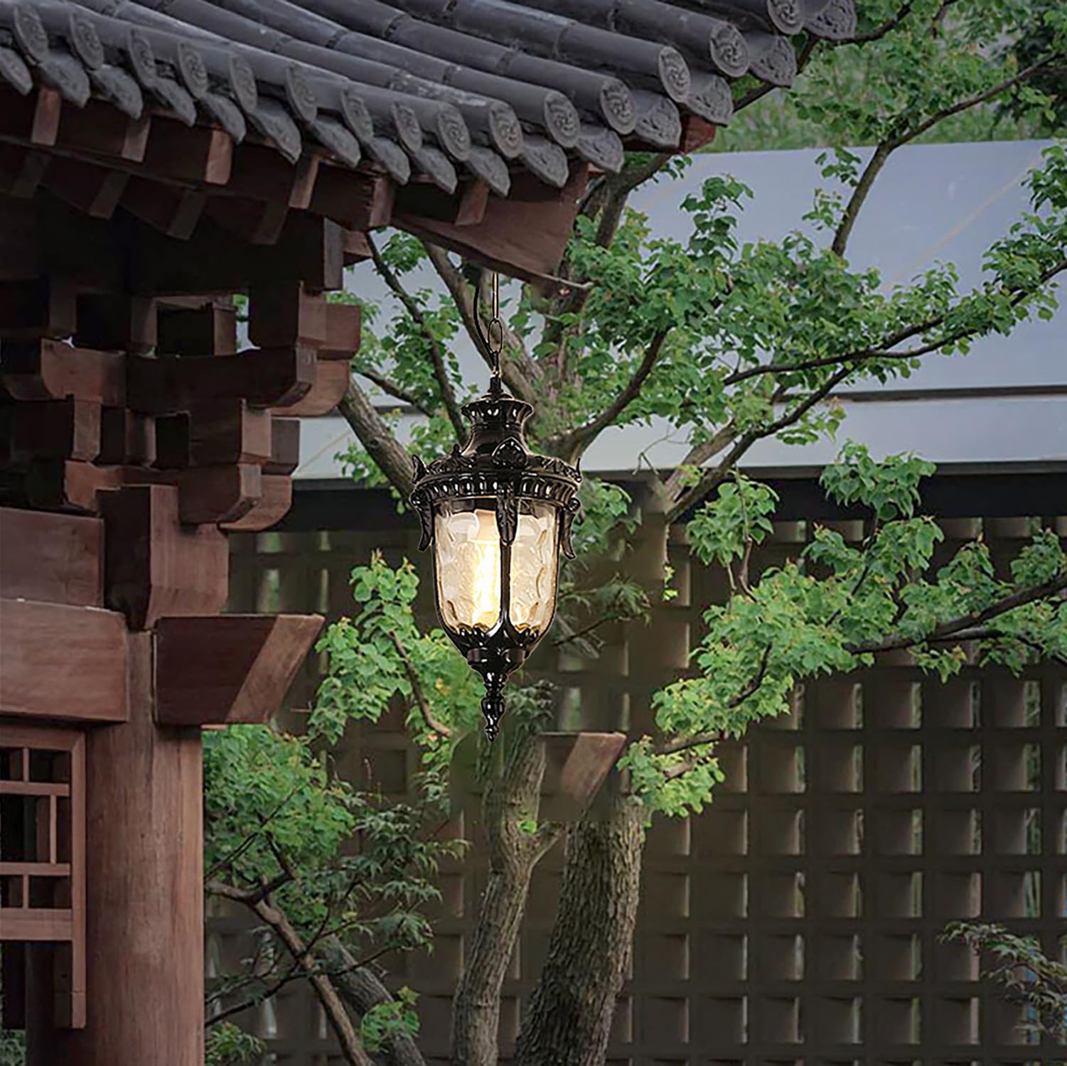 XINYASEE Luce a sospensione da esterno, E27 Luce a sospensione da soffitto impermeabile retrò, Lampadari creativa da esterno in alluminio impermeabile per portico, corridoio, villa(Nero)