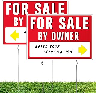 2PC House For Sale By Owner Yard Sign, Double-Sided Home For Sale Sign with Metal Stakes, for Real Estate, Large Directional Arrows Stickers, 16"x11" Corrugated Plastic House By Owner Signs