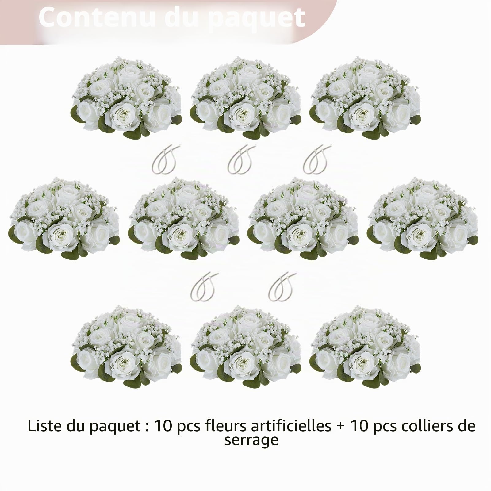 NUPTIO Fleurs Centre de Table Mariage: 10 Pièces 22cm Diamètre Blanche Boule Fleur Artificielle pour Fete Decoration - Composition Gypsophile Fausse Fleur Rose pour Anniversaire