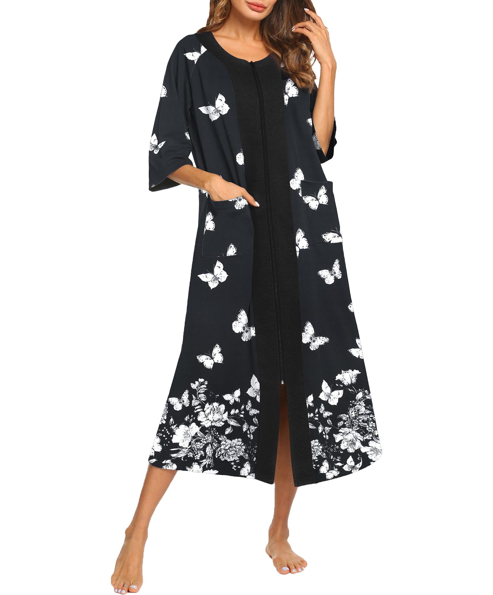 Ekouaer Bata larga con cremallera y mangas 3/4 para mujer, vestido de casa de longitud completa, camisón largo con bolsillos