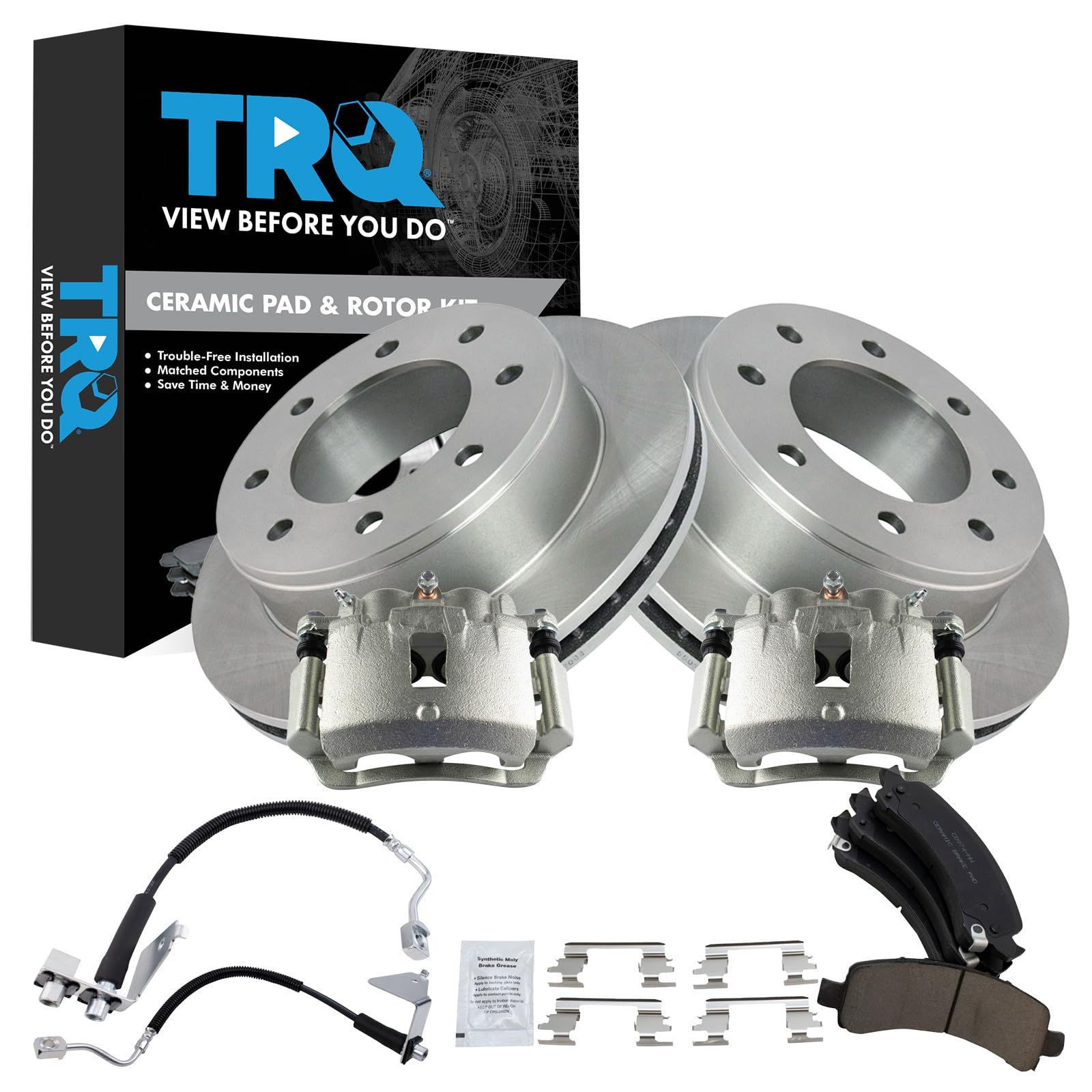 TRQ Rear Brake Pad &amp; Rotor Kit Ceramic Compatible with 2008-2017 Chevrolet Express 2500 2005-2017 Express 3500 GMC Savana 2500 Savana 3500