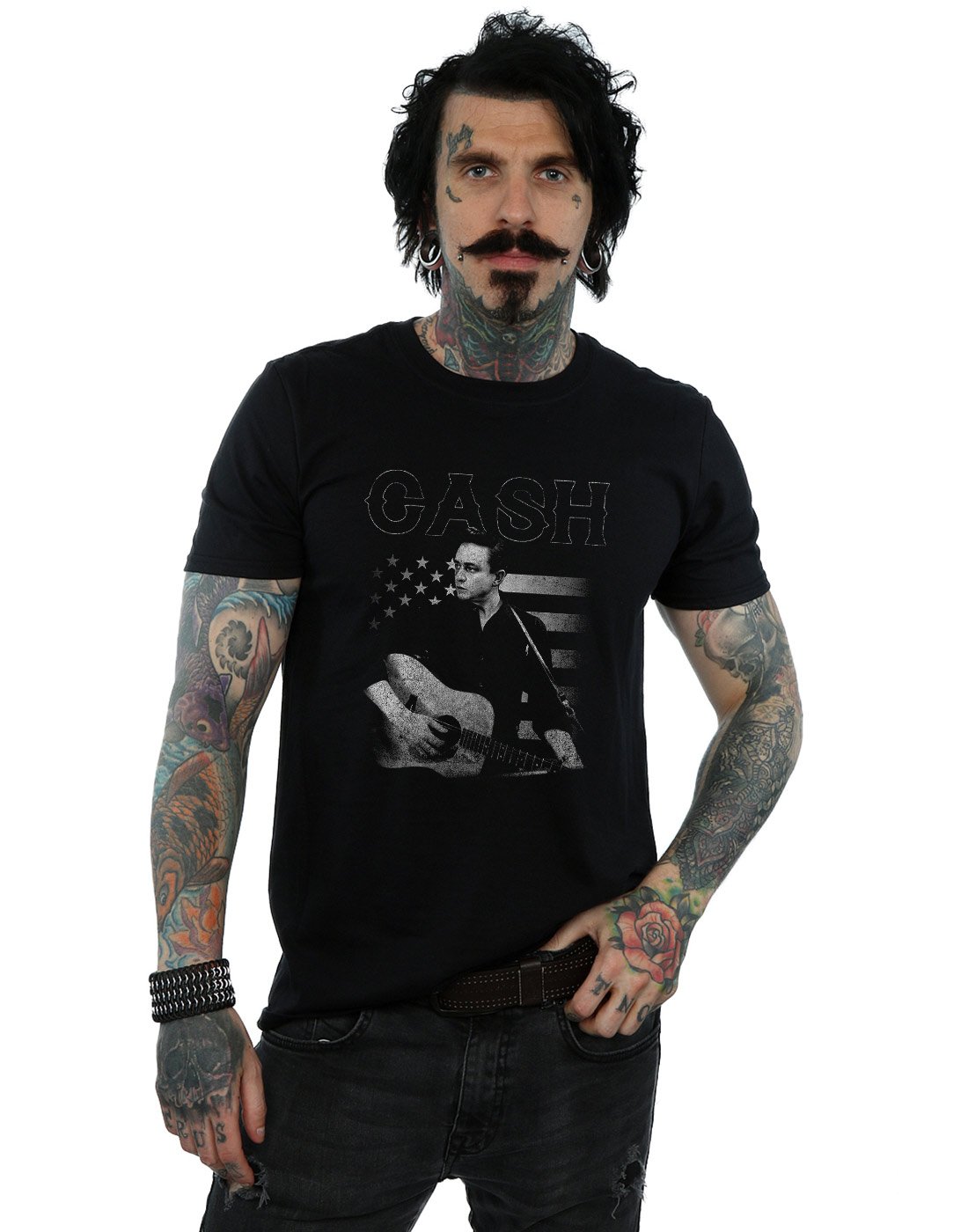 Absolute Cult Johnny Cash Men's Guitar American T-Shirt Black XXX-Large