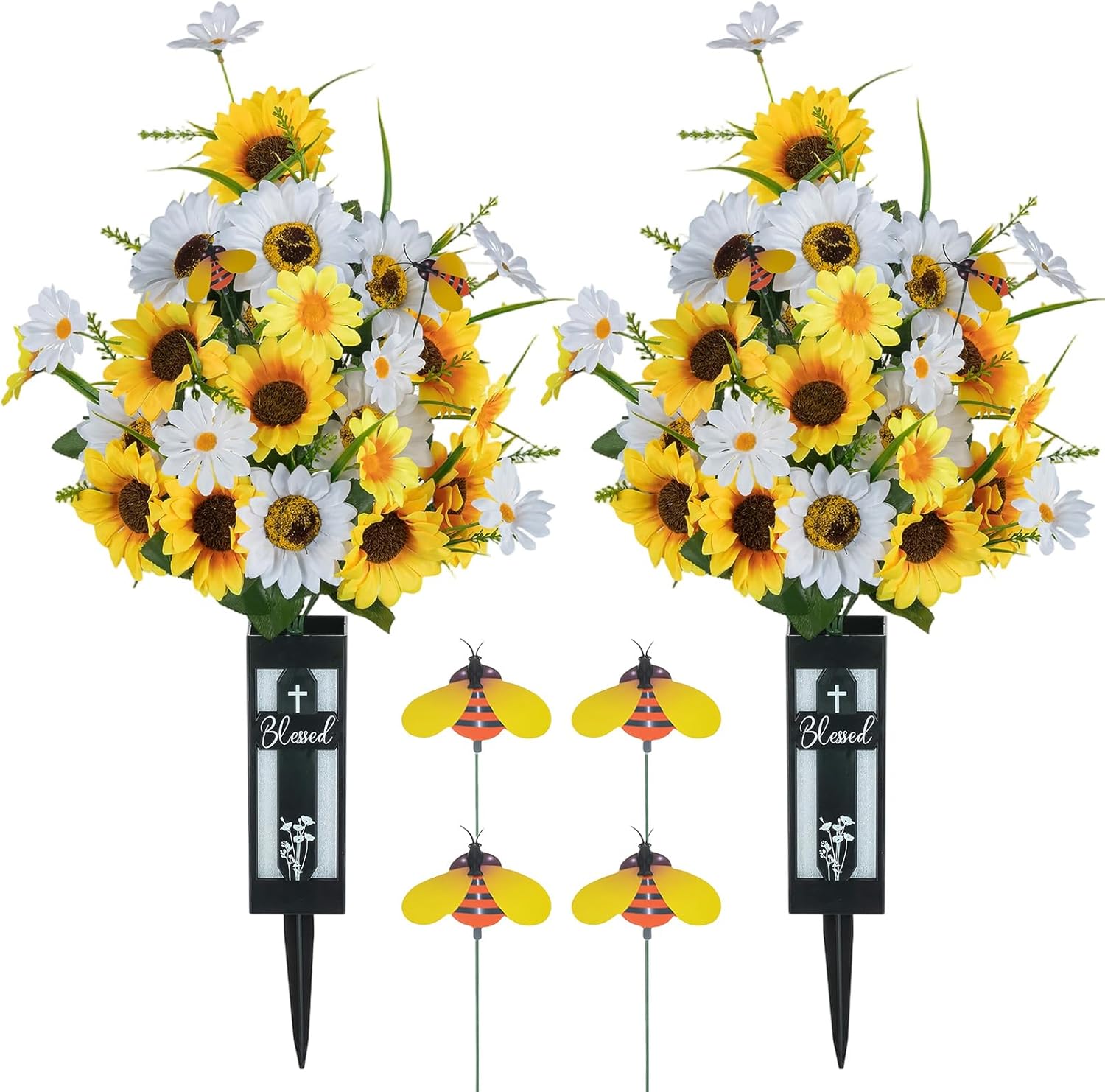 Artificial Cemetery Flowers for Grave: 2 Pcs Yellow White Sunflower Grave Flower Bouquets for Cemetery Decorations - Spring Outdoor Gravesite Flowers with Vase