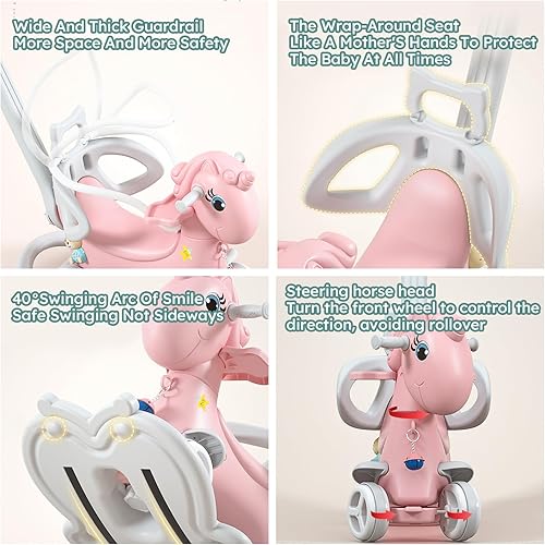 Vista 17 de Caballo mecedor 4 en 1 para niños pequeños de 1.5 a 3 años, juguetes de paseo en bicicleta de equilibrio con asa de empuje, respaldo de juguete Rosa
