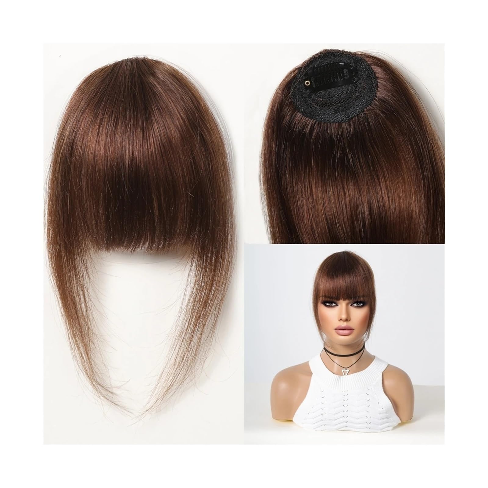 Frangia Clip Capelli Frangia di capelli umani al 100% Clip for capelli con frangia marrone naturale in frangia con tempie Parrucchino for donna Clip su Air Bang, 4,5 pollici Frangetta Finta(HLH1004-2)