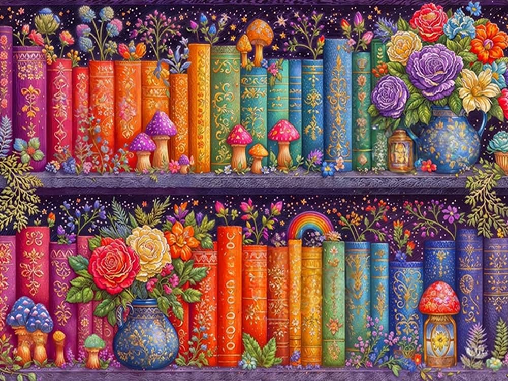 GLTEYACO 5D Diamond Painting Diamond Art Kits DIY Adult Beginner Diamond Crafts Home Wall Decoration Bookshelf with Flowers 40x50 cm