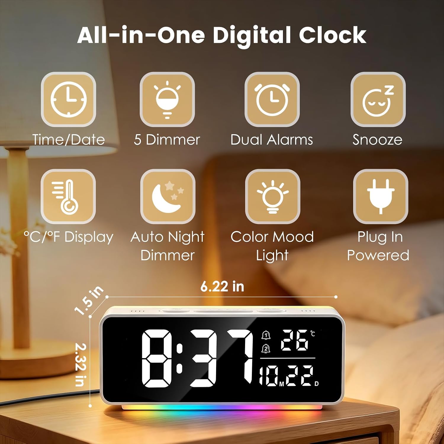 ALANAS Digital Alarm Clock for Bedrooms with Mood Night Light, Date/Week/Temperature Display, Dual Alarms, Snooze, Brightness Dimmer, 3 Volume Adjustable, Plug in Desk Table Clocks