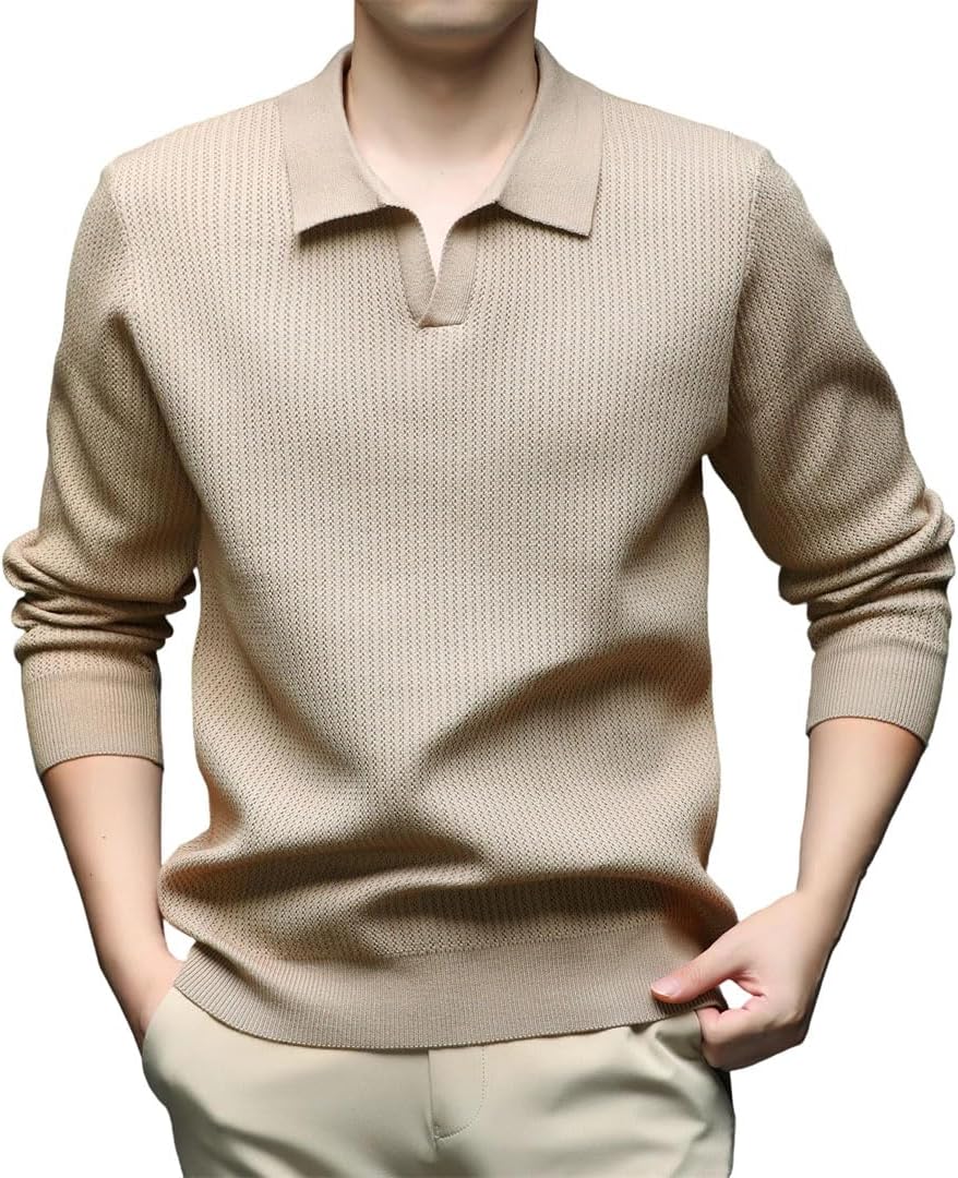 Vsadsau Men's Solid Knit Sweater Fall Casual Lapel Loose Pullover Knit Polo Sweaters Sweater