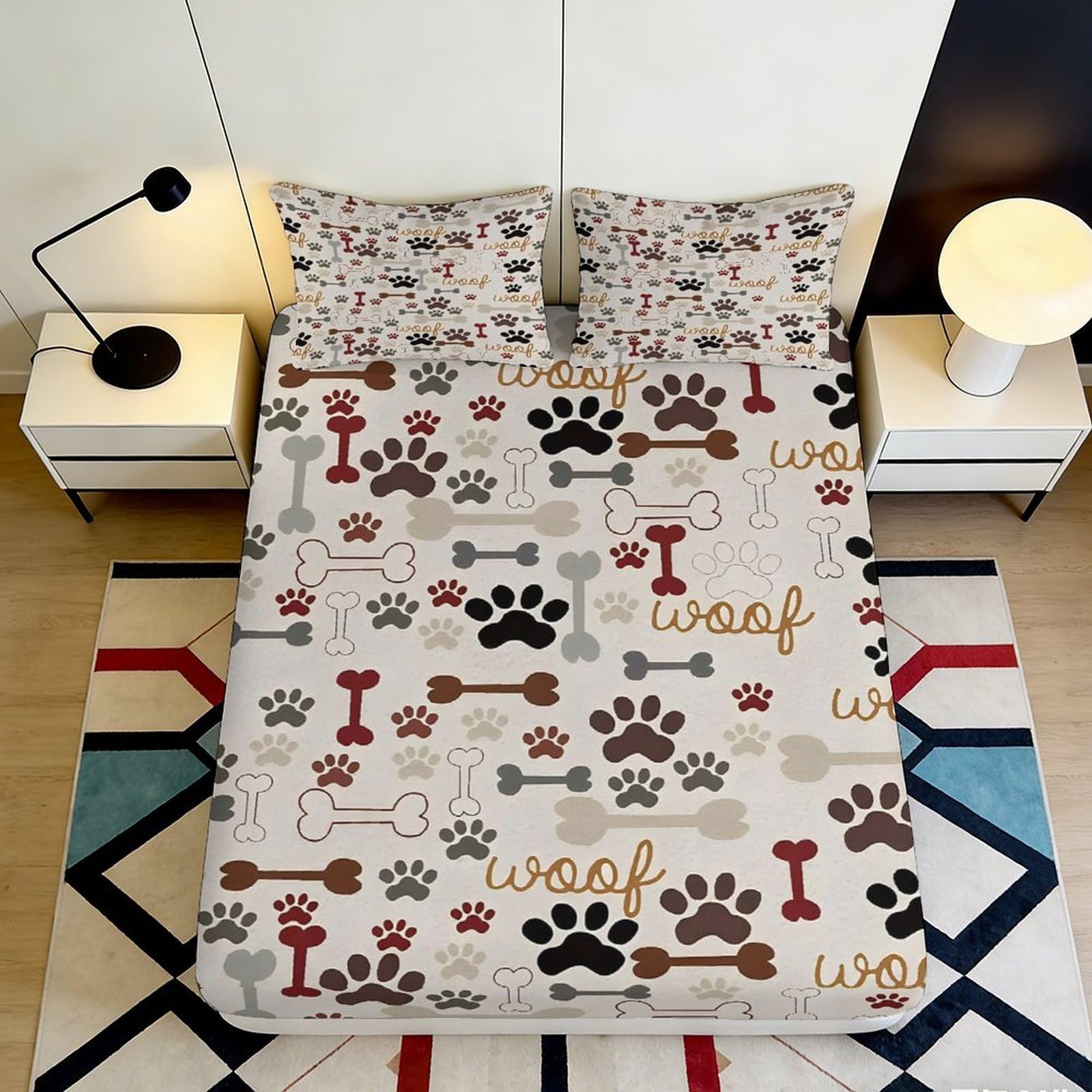 3D Printed Dog Paw Pattern Fitted Sheet Microfiber Soft Durable Bone Print Bed Cover for Bedroom Dormitory Guest Room Mattress Protection 160x200x25cm