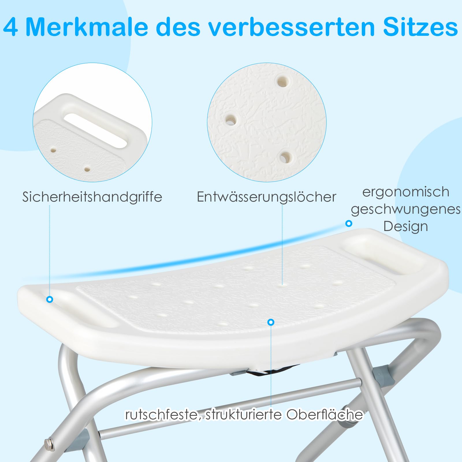 RELAX4LIFE Duschstuhl Höhenverstellbar 49-52,5 cm, Badhocker Klappbar, Duschsitz, Duschhocker, Aluminiumlegierung Rahmen, Anti-Rutsch-Gummifüße, Duschhilfe für Senioren, Belastbar bis 150 kg (Weiß)