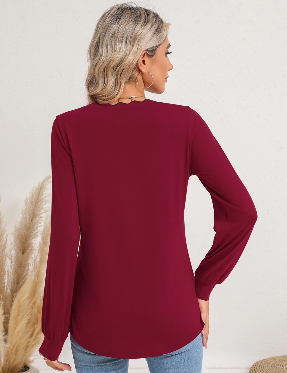 Rapbin Womens Shirts Dressy Casual Long Sleeve 2024 Tops Trendy V Neck Blouses 2024 Burgundy S - Image 5