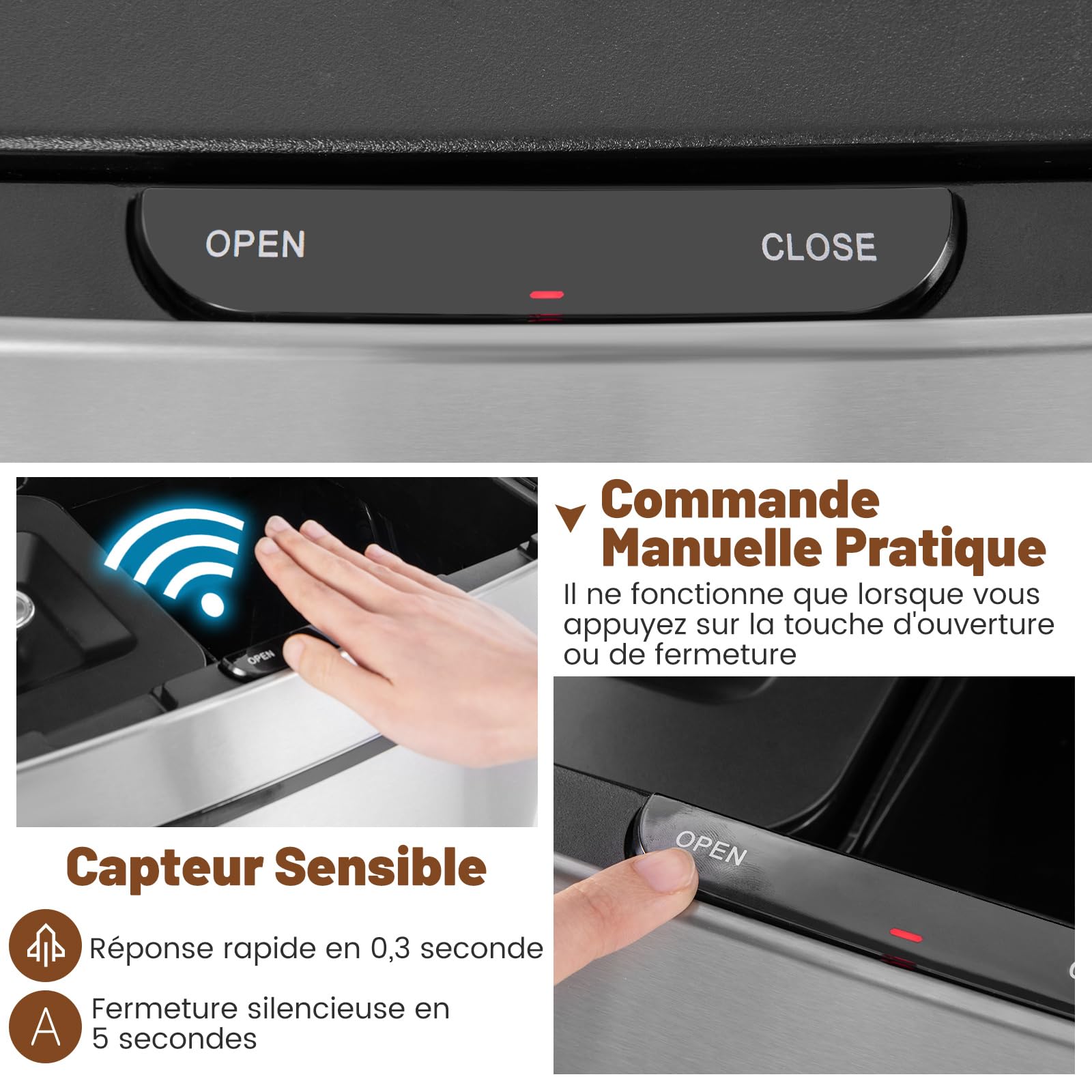 COSTWAY Poubelle Cuisine Automatique 72L en Acier Inox avec réservoir scellée 3,5L, Poubelle Tri Selectif 2 x 11L Seaux Amovibles, Cerclage, Anti-Empreintes, Anti-pinçage, Interrupteur (Argent)
