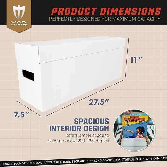 Max Protection Comic Book Long Box - 5 Count Storage Boxes | White Corrugated Cardboard, 200 lb Test, Stackable, Removable Lid, Made in USA, Comics and Magazines