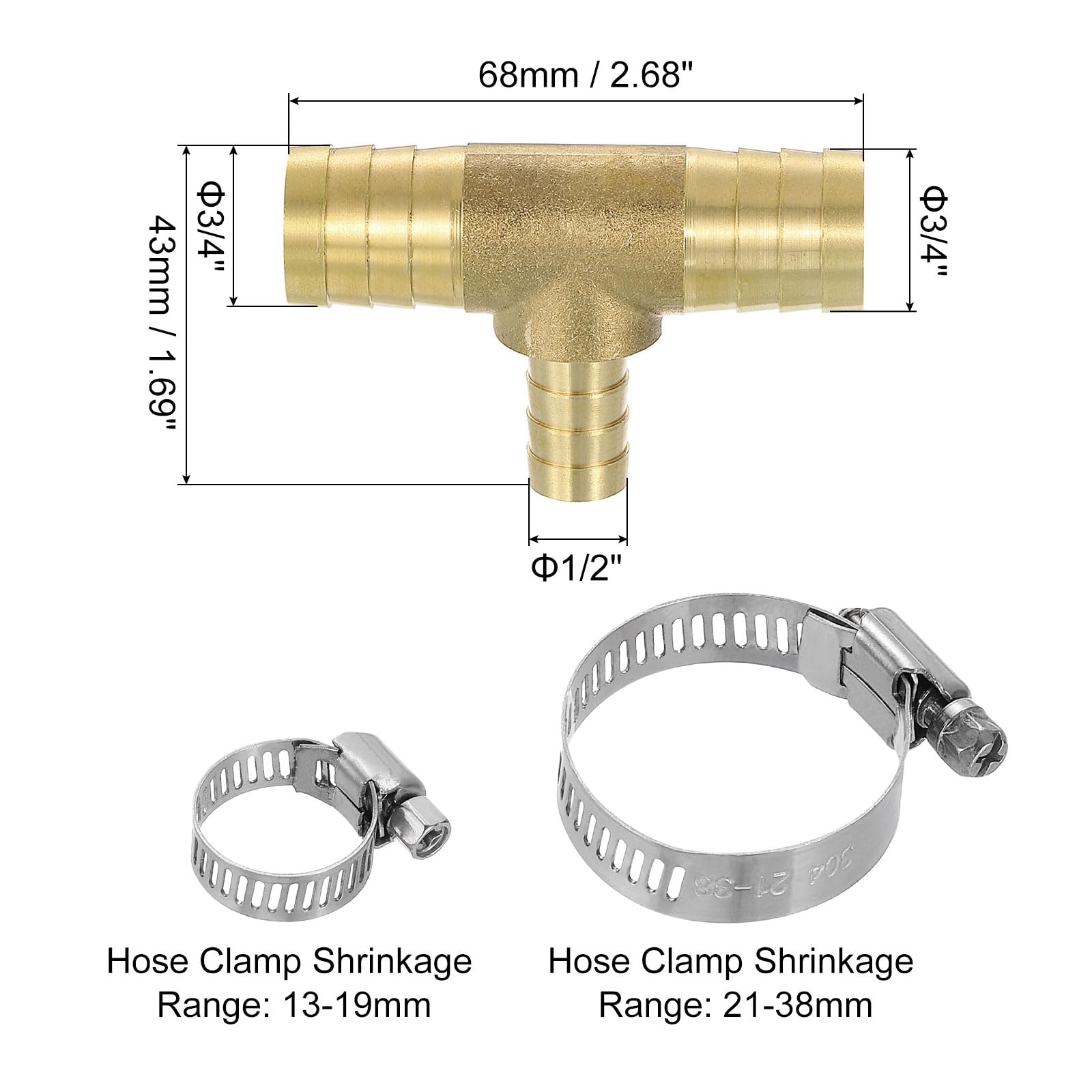 QUARKZMAN 10pz Raccordi Tubo in Ottone 3/4" x 1/2" x 3/4" con 30pz Morsetti | Riduttore Tubo Raccordo Ottone a T con 30pz Morsetti Tubi per Acqua Carburante Aria