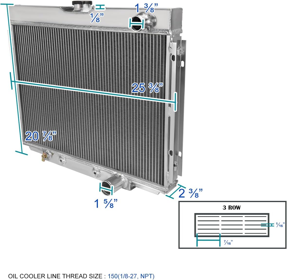 Spec-D Tuning 3 Core Manual Transmission 24" Passenger/Right Side Radiator Compatible with 1967-1970 Ford Mustang V8