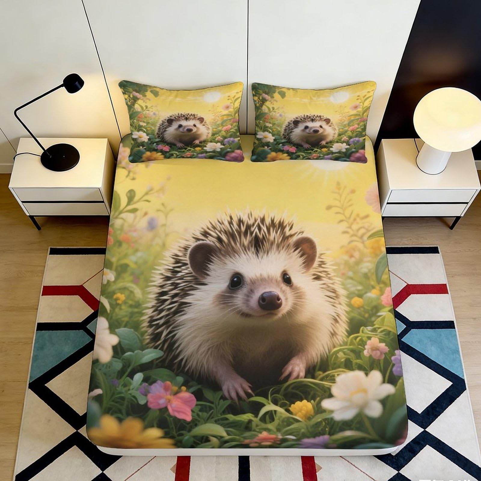 3D Printed Hedgehog Fitted Sheet Microfiber Deep Pocket for Bedroom Bedding Hedgehog Mattress Fitted Cover Non-Slip Elastic Hem 160x200x25cm
