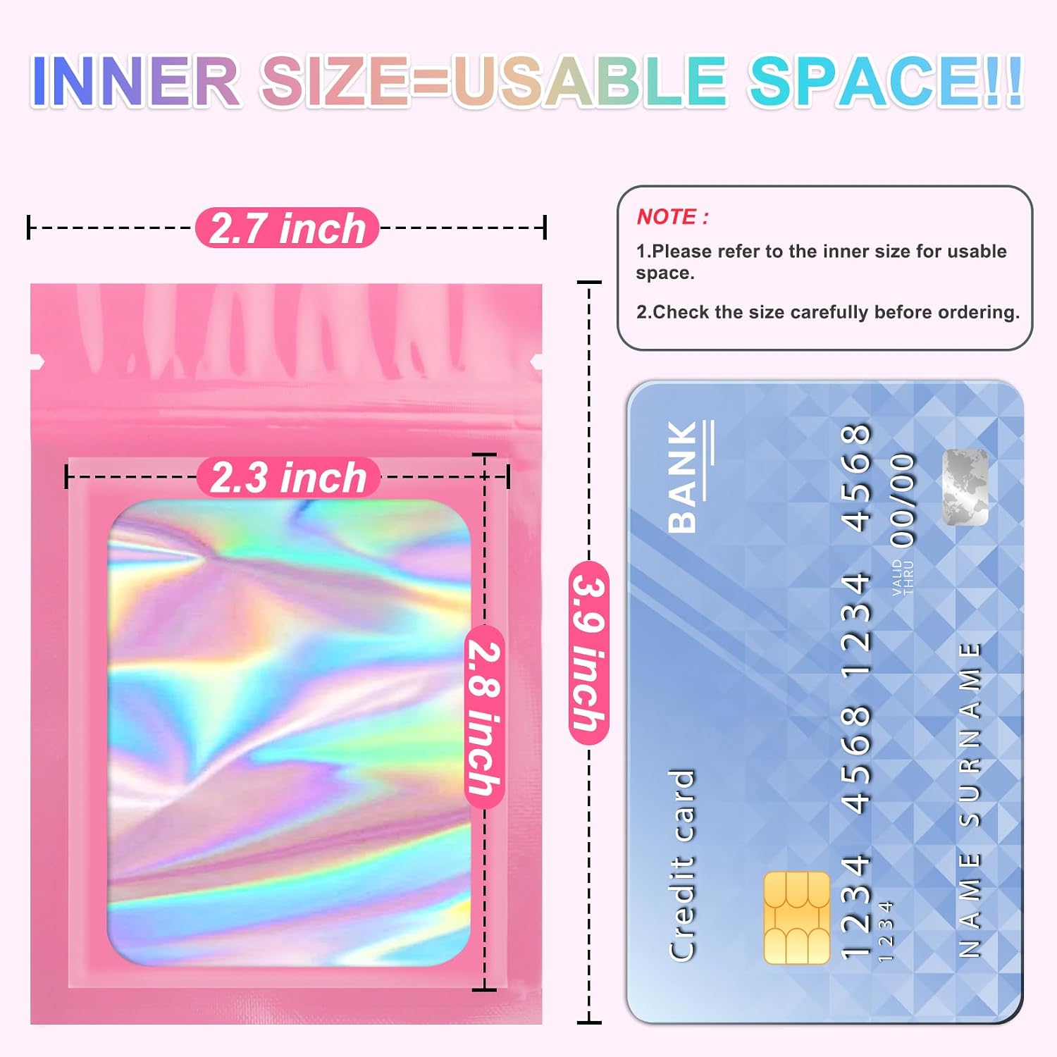 ANZNKU 100PCS Holographic Pink Mylar Bags, Resealable Smell Proof 2.7x3.9 image 2