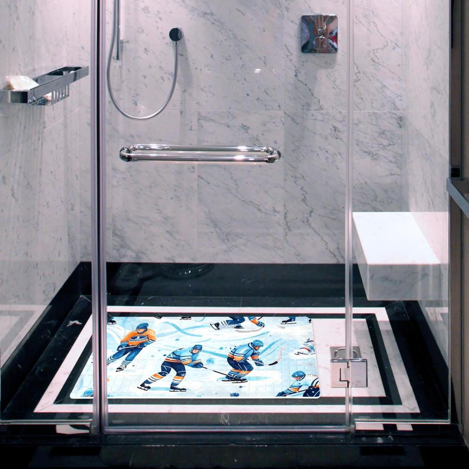 Tapis de douche antidérapant avec motif hockey sur glace comics - 38,5 x 68 cm - Tapis de douche en caoutchouc antidérapant avec trous de drainage et ventouses - Lavable en machine