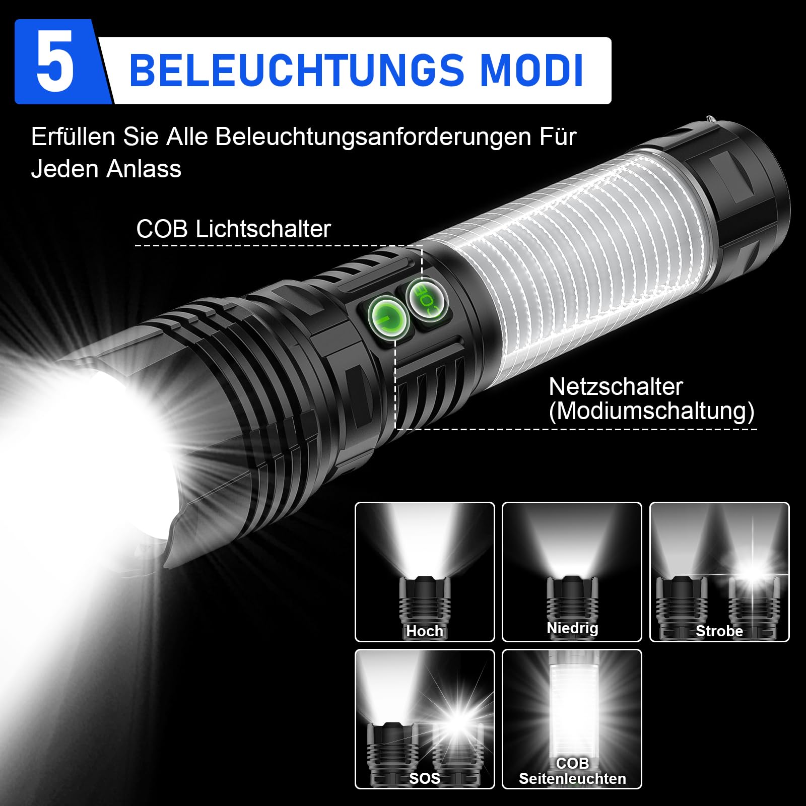 AOMEES Latarka LED do ponownego ładowania, latarka LED 250 000 lumenów, bardzo jasna, z oświetleniem bocznym COB i baterią 5000 mAh, 5 trybów świecenia, wodoodporność IPX5, na kemping/wędrówki
