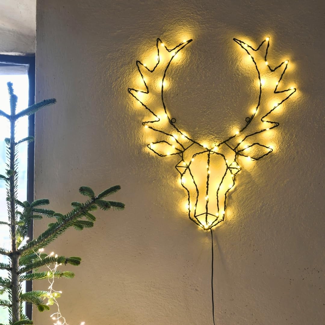 Podświetlana głowa jelenia do zawieszenia, 58 mikro diod LED, ciepła biel, czarna metalowa rama, stałe światło, czarny kabel 3,5 V, do użytku wewnątrz i na zewnątrz, IP44, dekoracja bożonarodzeniowa