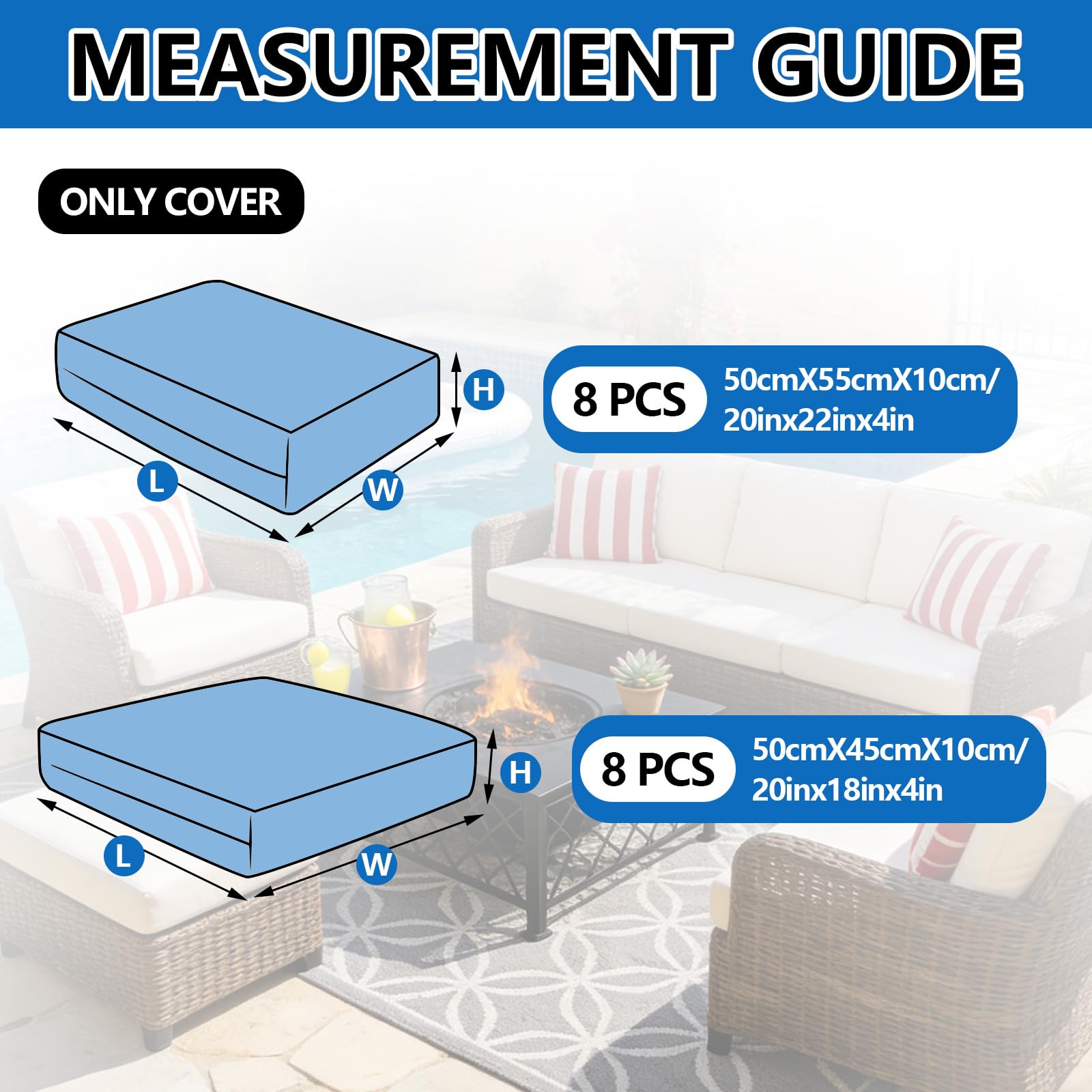Waterproof Patio Cushion Covers 16pcs Set for Rattan Garden Corner Patio Dining Zipper Outdoor Cushion Covers Replacement Furniture (white,Set C (8pcs+8pcs))