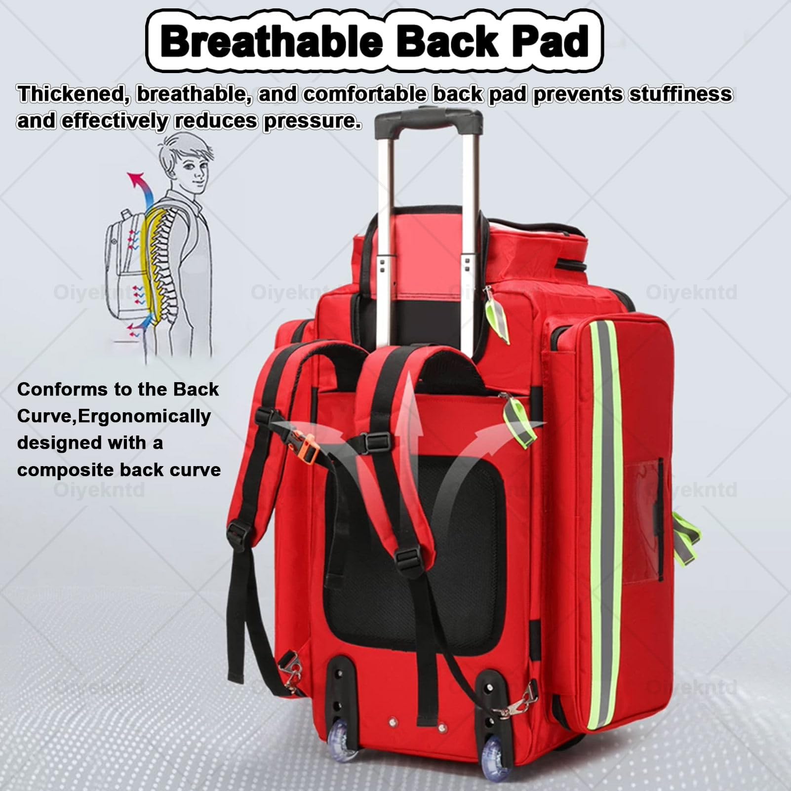 Borsa per kit di primo soccorso e attrezzature mediche con trolley rimovibile; borsa con ruote per infermieri e kit di emergenza, ideale per escursionismo, backpacking, campeggio e viaggi Red-66cm