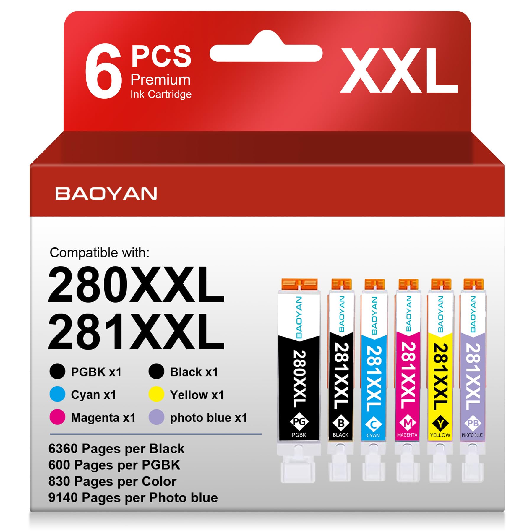 PGI-280XXL/CLI-281XXL 6 Pack Photo Blue Replacement for Canon 281 Ink Cartridges Compatible with PIXMA TS8320 TS8220 TS8120 (PGBK, Black, Photo Blue, Cyan, Magenta, Yellow)