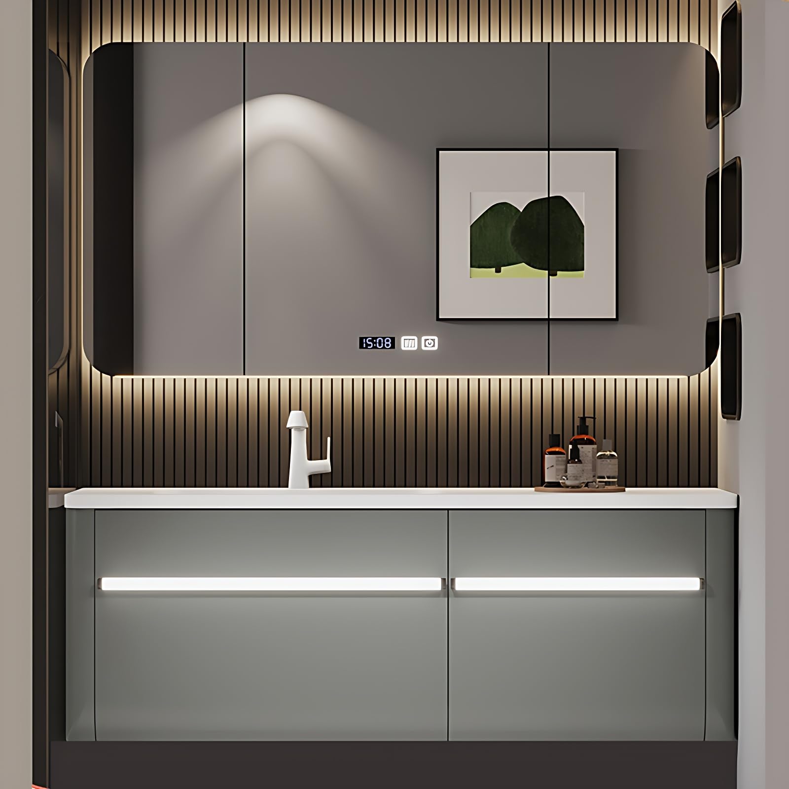 Bathroom Vanity with Sink - Floating Vanity Bathroom Set, Equipped with LED High Definition Smart Mirror, Human Body Sensor Light, Modern Bathroom Sink Cabinet, Gift for Her (48")