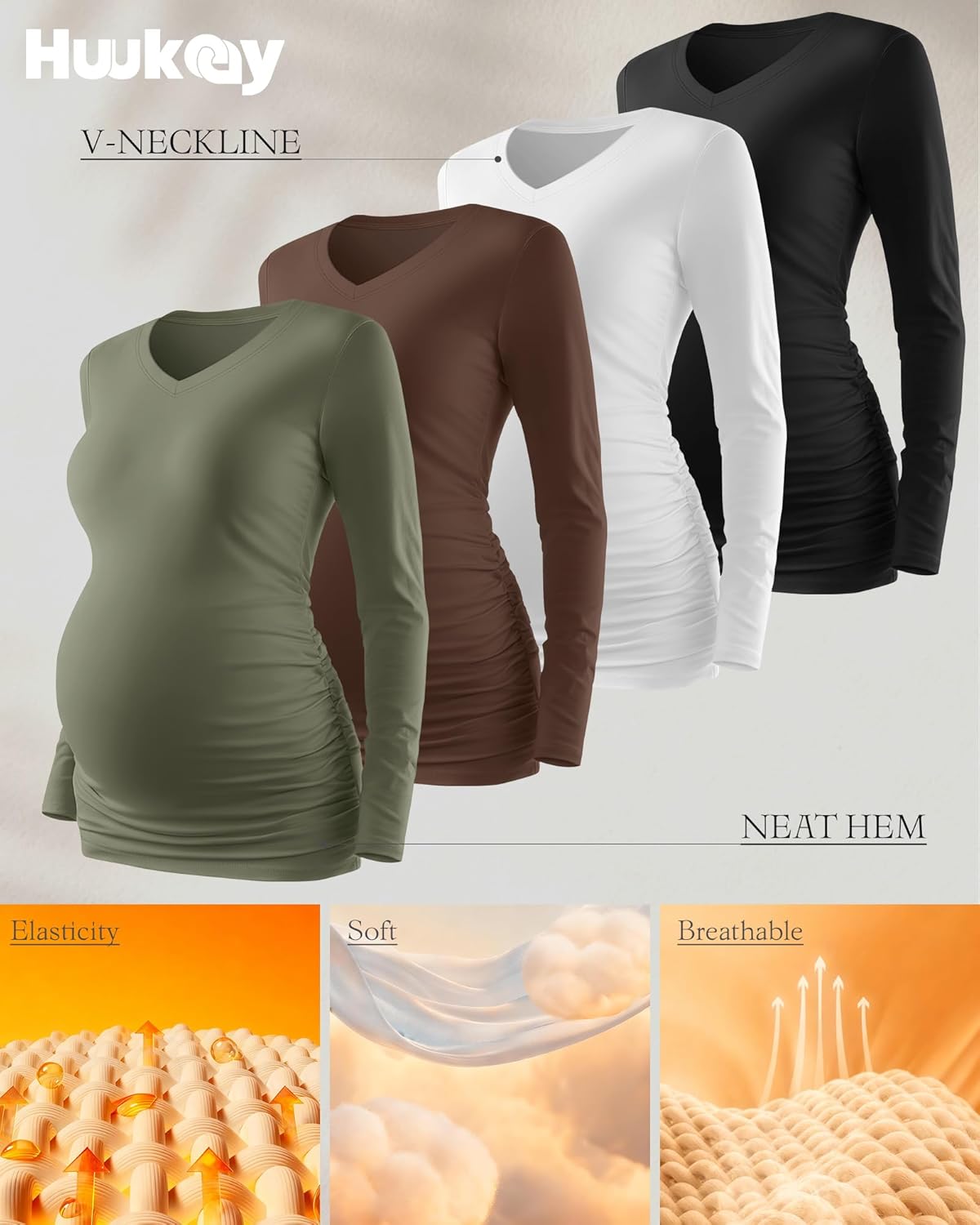 Huukeay 4 Pack Women's Maternity Shirts Long Sleeve V Neck Pregnancy Tops Side Ruched Casual Mama Clothes Basic Tunic T-Shirt - Image 3