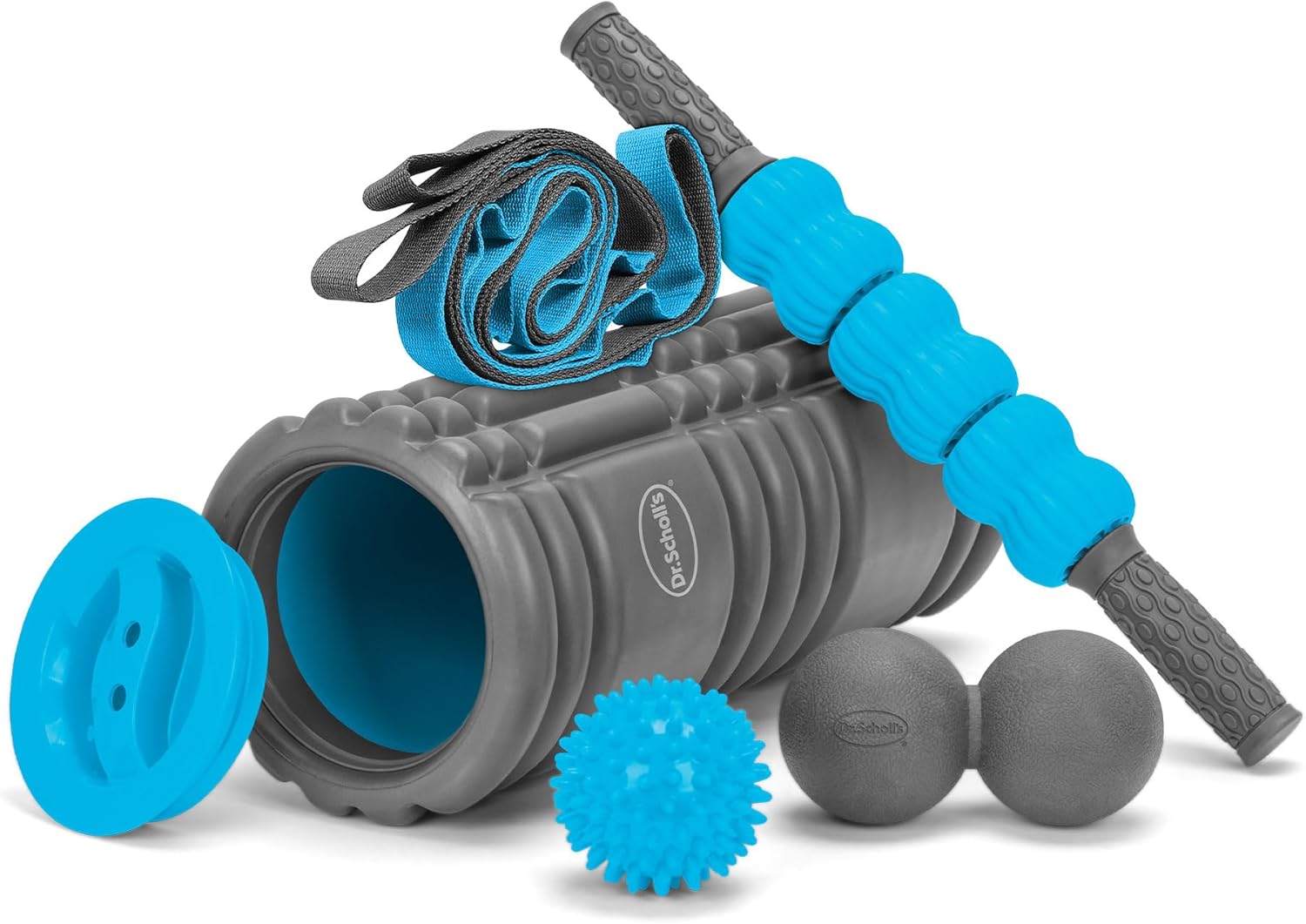 Dr. Scholl’s 5-in-1 Stretch and Recovery Massager Set, Includes Hollow Core Massage Roller with End Caps, Muscle Roller Stick, Stretching Strap, Double Lacrosse Peanut, and Plantar Fascia Relief Ball