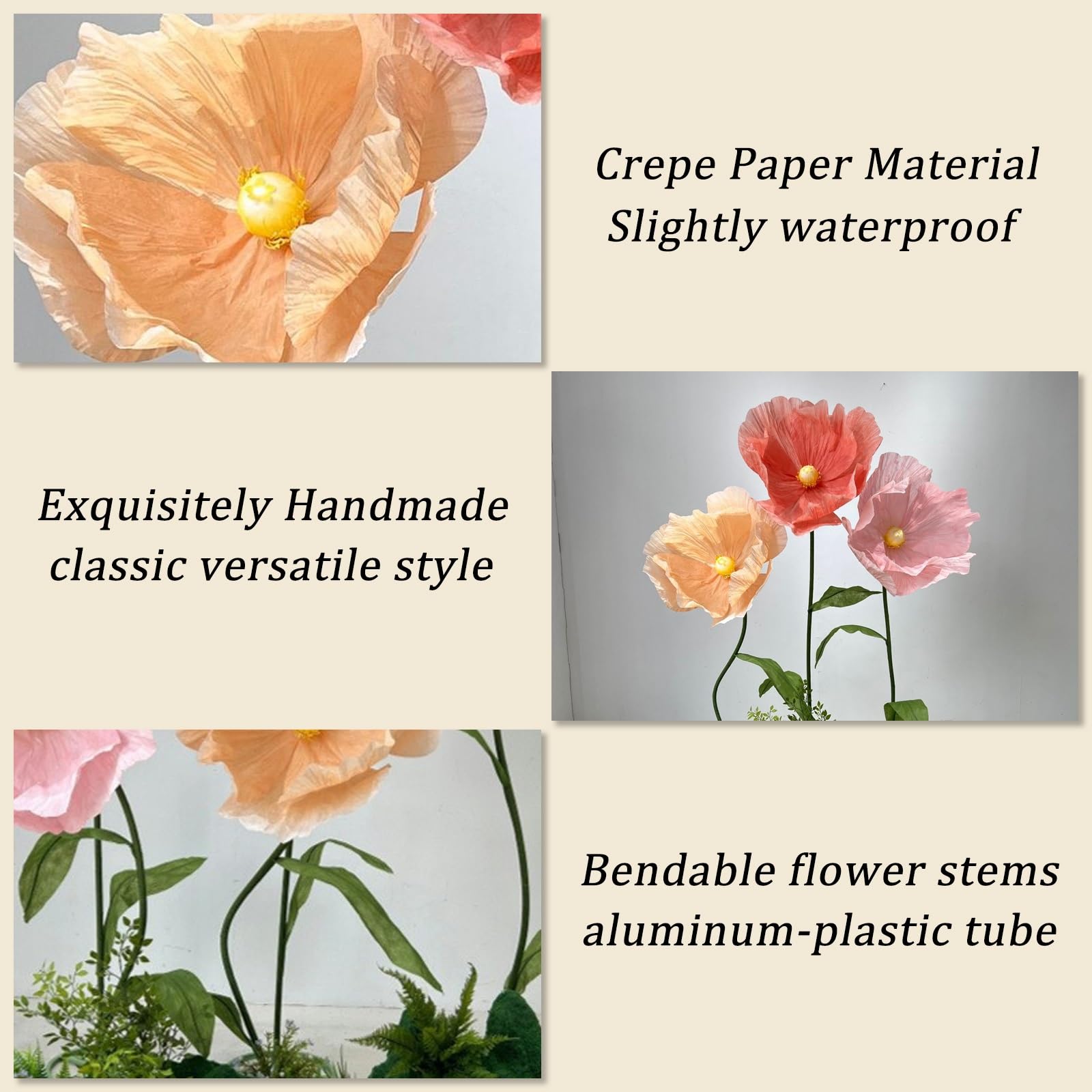 Riesiger Künstliche Blumen‑Mohn 1,8M Große Papierblume mit Basis und Biegsamem Stiel Handgemachte Blumendekoration für Hochzeitshintergrund, Schaufenster, Fotobox, Frühlingsparty(White)