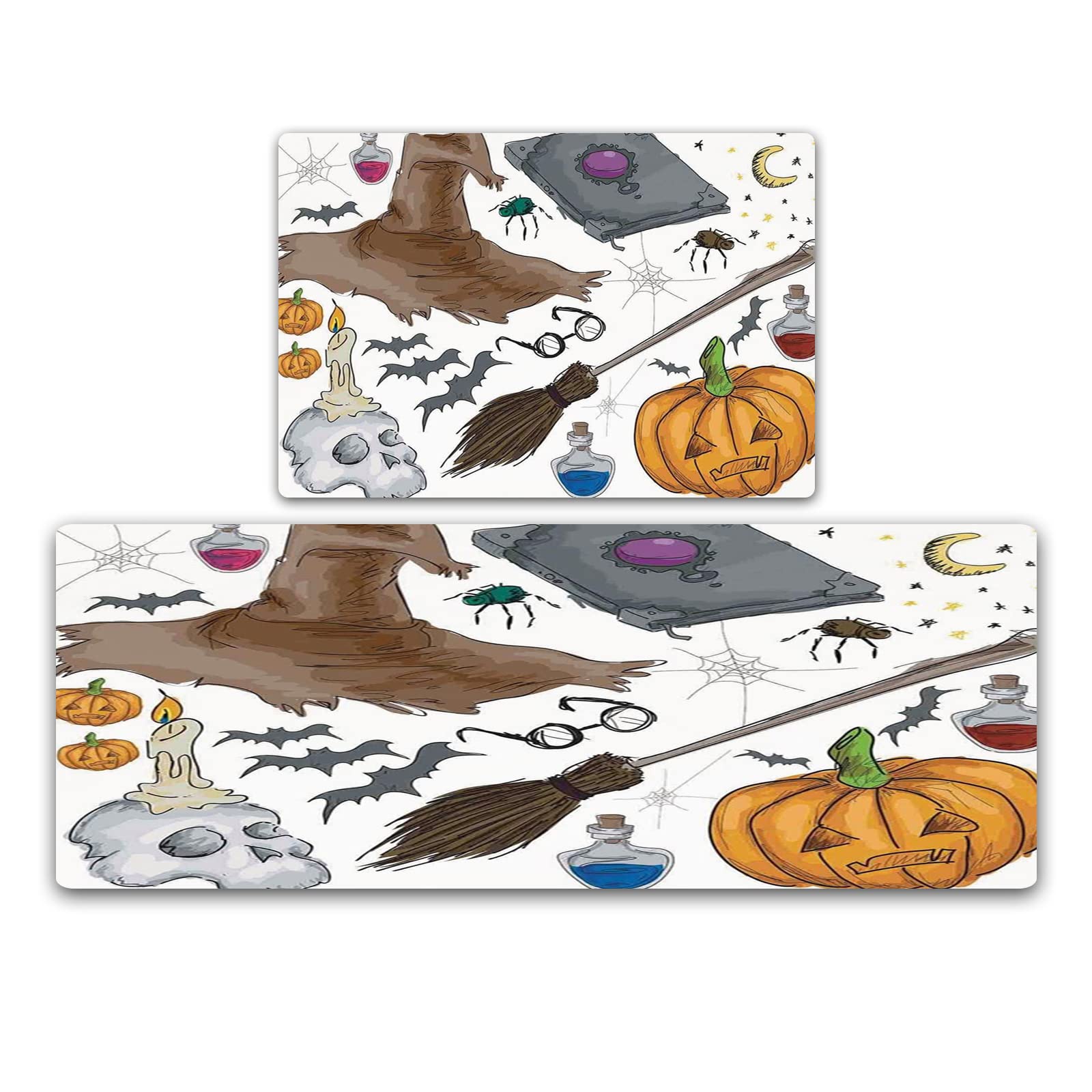 Tappetini Cucina Halloween Roszwtit – Set 2 Pezzi Con Streghe – 43x73 Cm E 43x119 Cm – Antiscivolo Lavabili