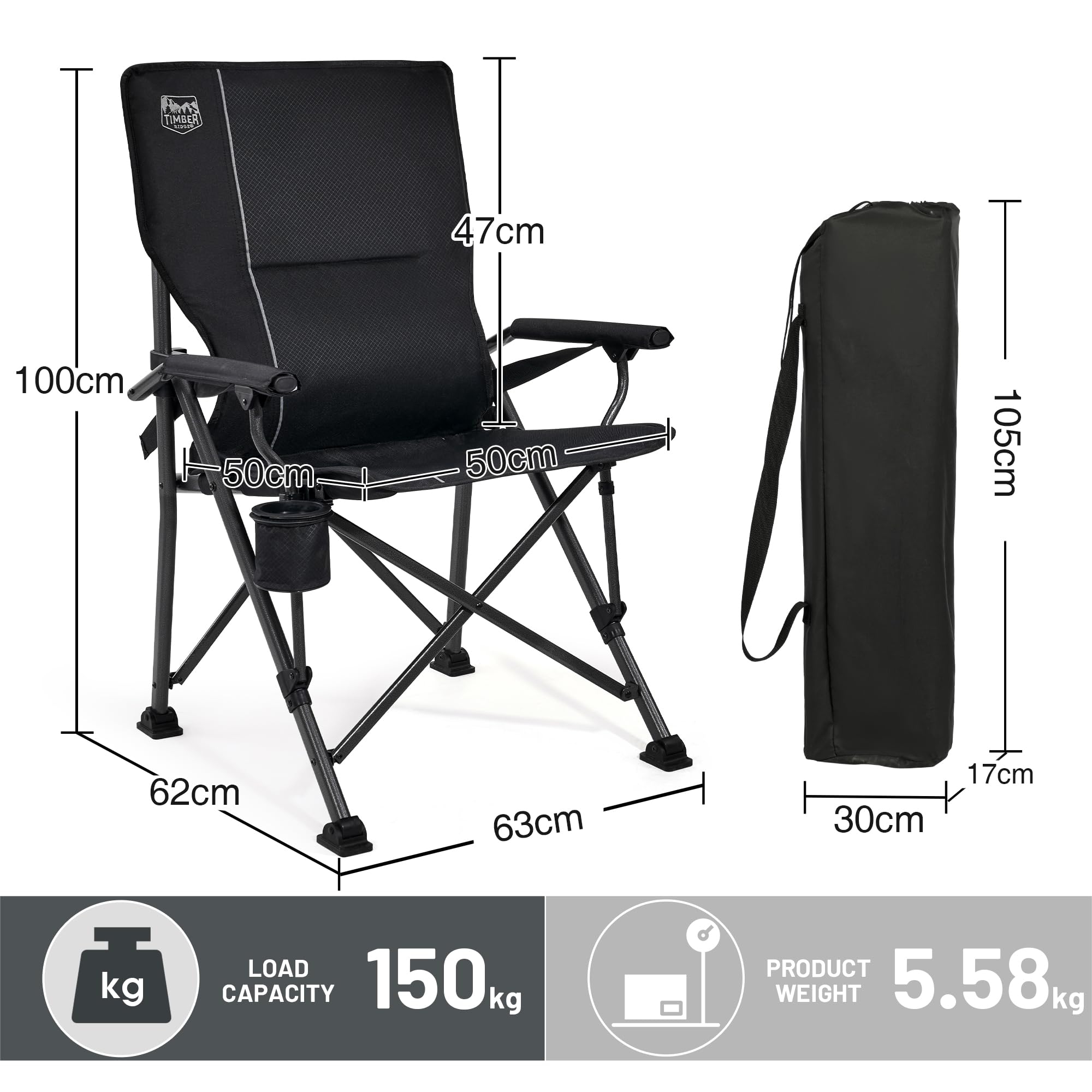 TIMBER RIDGE Sedia da Campeggio Pieghevole per Adulti 150kg con Supporto Lombare Regolabile Sedia Pieghevole da Esterno con Braccioli Rigidi Portatile per Festival Giardino Pesca Picnic
