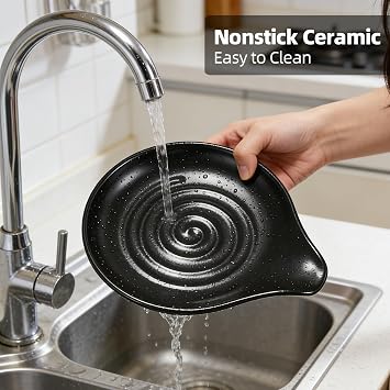 Ceramic Spoon Holder, 5-inch stovetop Spoon Rest, Heat-Resistant Kitchen Utensil Rack, Suitable for Holding Spoons, ladles, spatulas, Coffee Spoons, Tongs, and Other Kitchen Utensils (Black)
