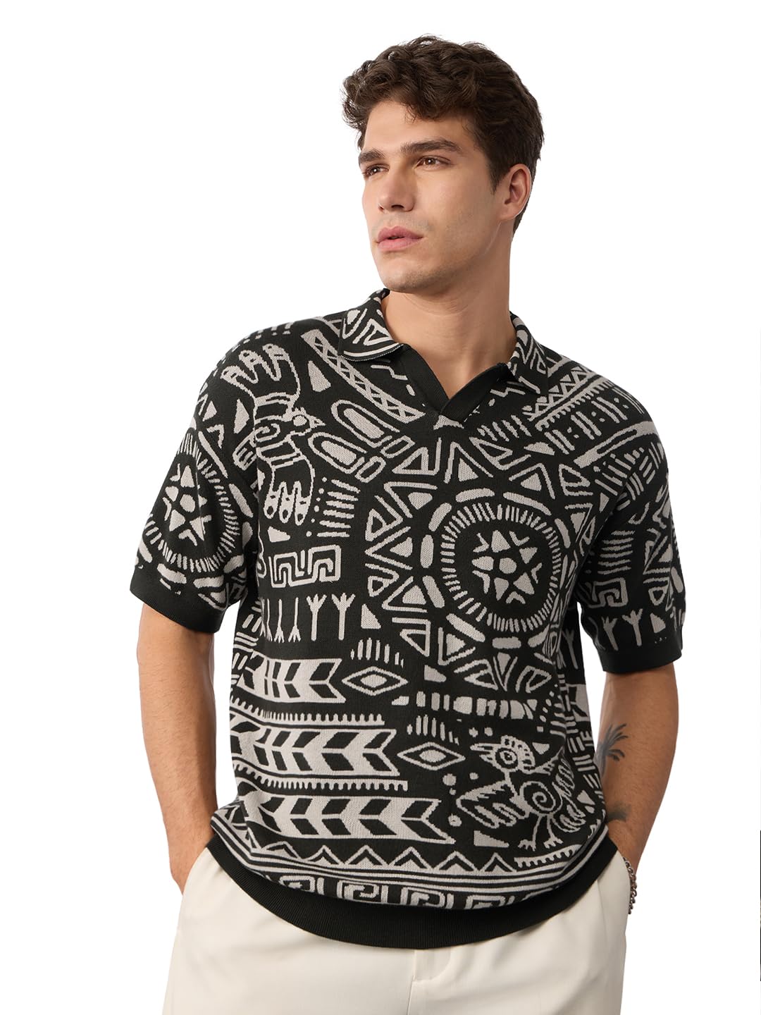 Jacquard: Olive Mirage Men and Boys Short Sleeves Collared Neck Dark Green All Over Printed Cotton Oversized Polos-image-43